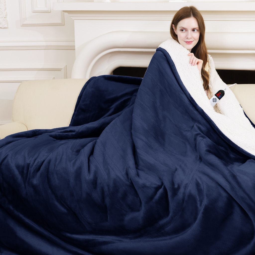 VELLUBAM Full Size Heated Blanket 72" x 84" - Fluffy Ultra Soft Flannel Heated Lap Blanket with 6 Heating Levels & 10 Hours Adjustable Timer, Fast Heating and Electric Blanket for Office (Navy)