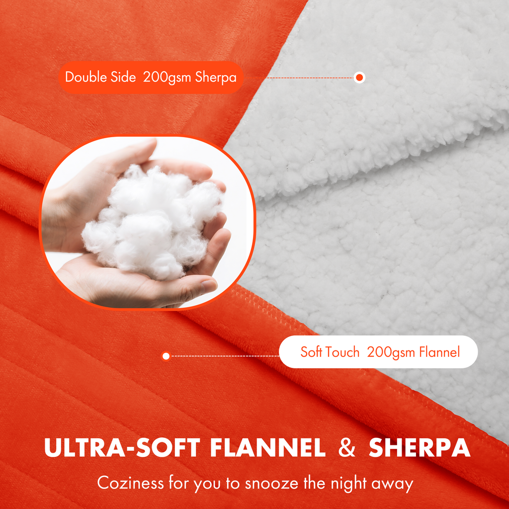VELLUBAM Electric Heated Blanket Queen Size 84"x90" - Flannel Sherpa Electric Blanket with Dual Control, 5 Heating Levels & 10 Hours Auto Off, Heated Blanket for Women with Overheat Protection(Orange)