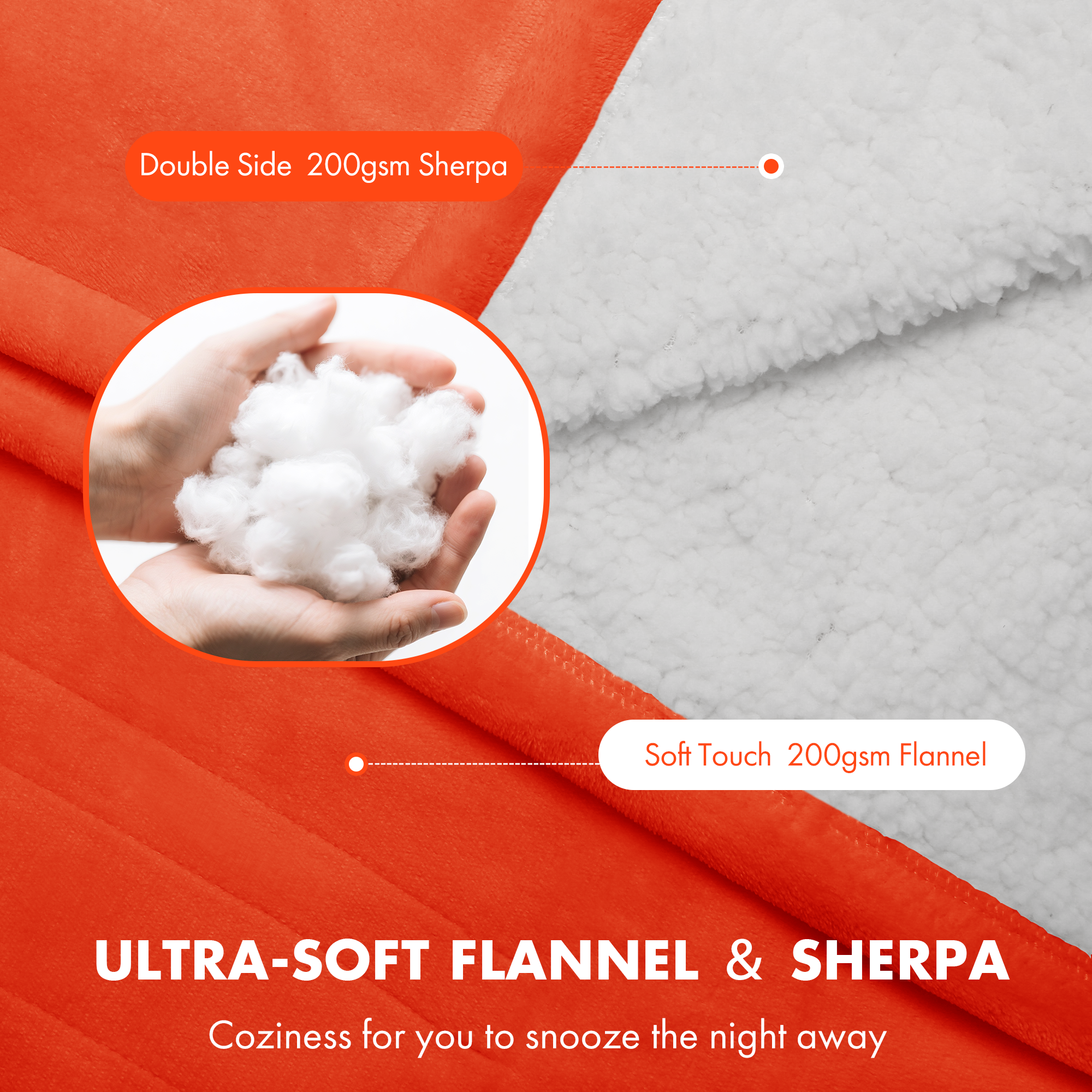 VELLUBAM Electric Heated Blanket Queen Size 84"x90" - Flannel Sherpa Electric Blanket with Dual Control, 5 Heating Levels & 10 Hours Auto Off, Heated Blanket for Women with Overheat Protection(Orange)