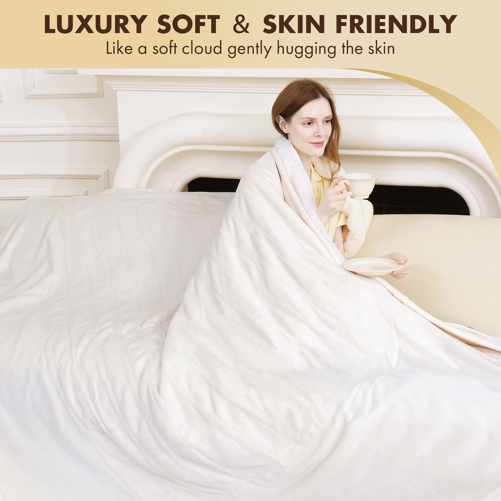 VELLUBAM Electric Blanket Heated Throw 50" x 60" - Soft Sherpa Heated Lap Blanket with 5 Heating Levels & 4 Hours Auto Off, Heating Blanket Throw as a Gift for Grandma, Machine Washable (White)