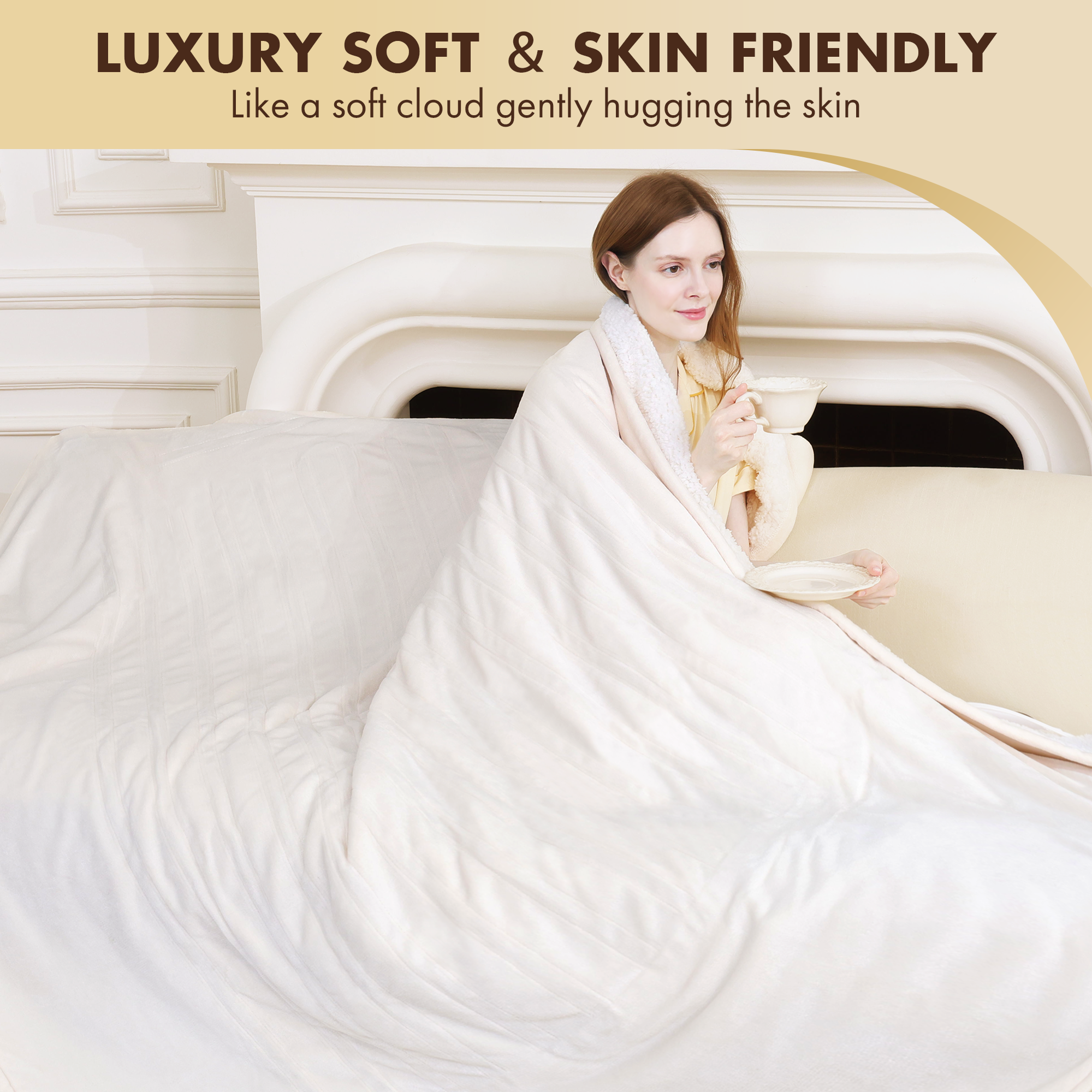 VELLUBAM Electric Blanket Heated Throw 50" x 60" - Soft Sherpa Heated Lap Blanket with 5 Heating Levels & 4 Hours Auto Off, Heating Blanket Throw as a Gift for Grandma, Machine Washable (White)