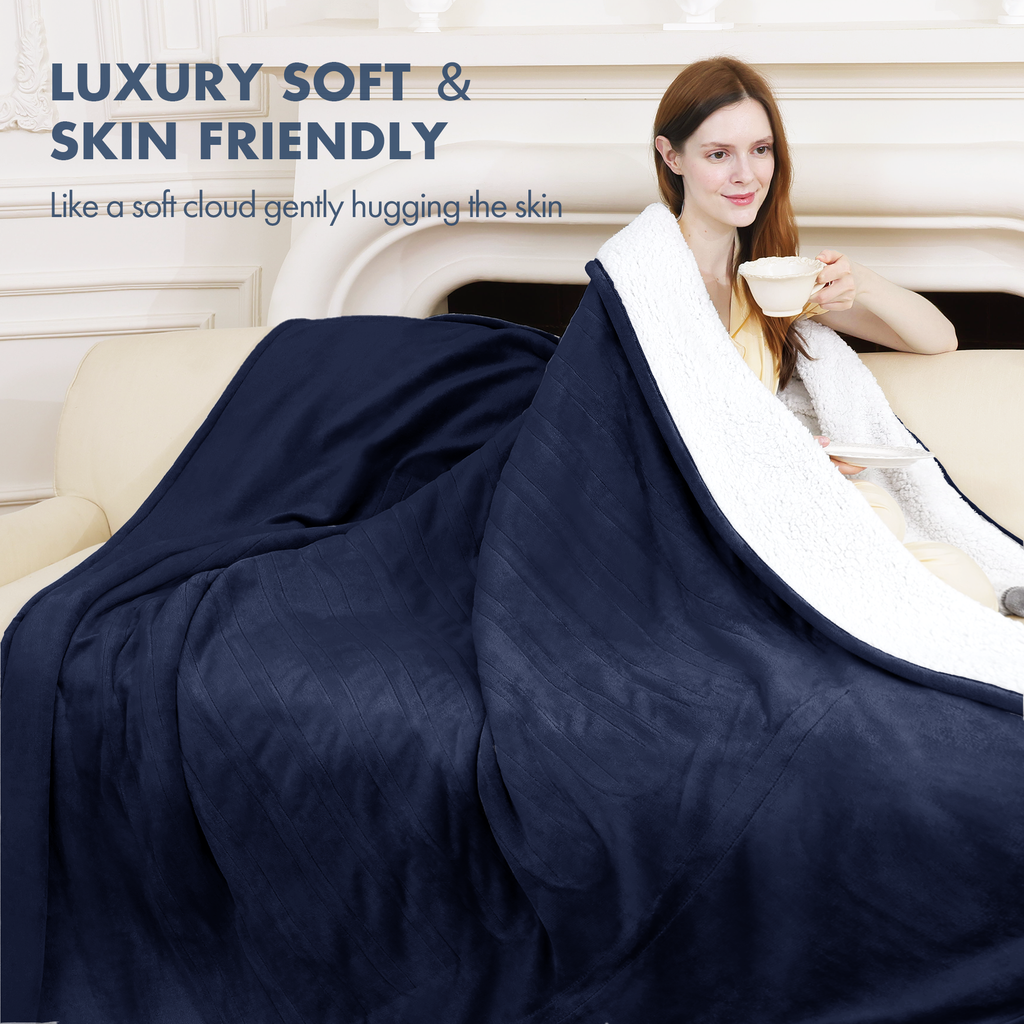 VELLUBAM Electric Heated Blanket Twin 62" x 84" - Soft Cozy Flannel Sherpa Electric Blanket Twin Size with 5 Heating Levels & 10 Hours Auto Off, Heated Blanket for Women, ETL Certified (Navy)