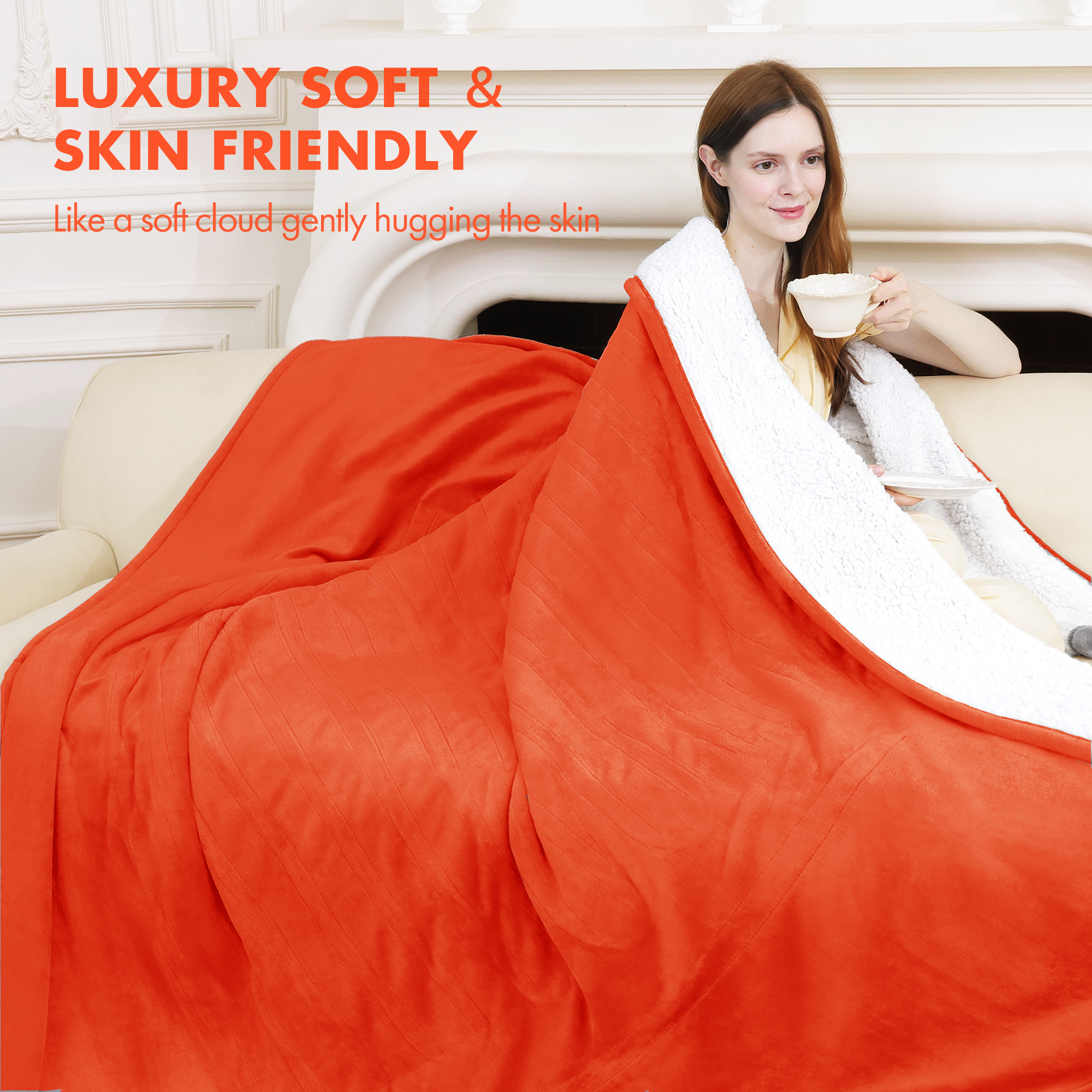 VELLUBAM Electric Heated Blanket Twin 62" x 84" - Soft Cozy Flannel Sherpa Heated Blanket with 5 Heating Levels & 10 Hours Auto Off, Electric Blanket as a Gift for Grandma, ETL Certified (Orange)