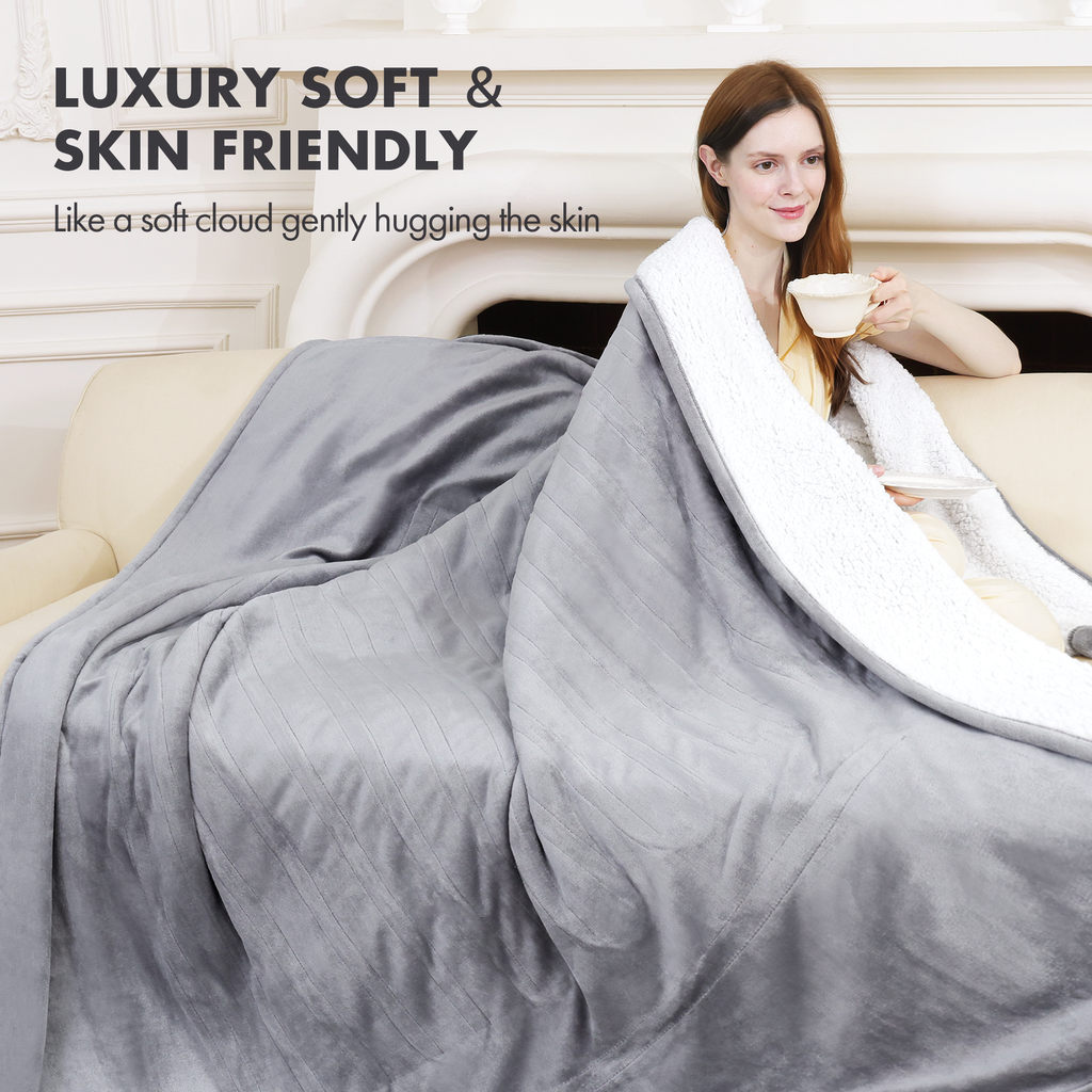 VELLUBAM Electric Heated Blanket Twin 62" x 84" - Soft Cozy Flannel Sherpa Electric Blanket with 5 Heating Levels & 10 Hours Auto Off, Heating Blanket as a Gift for Grandma, ETL Certified (Grey)