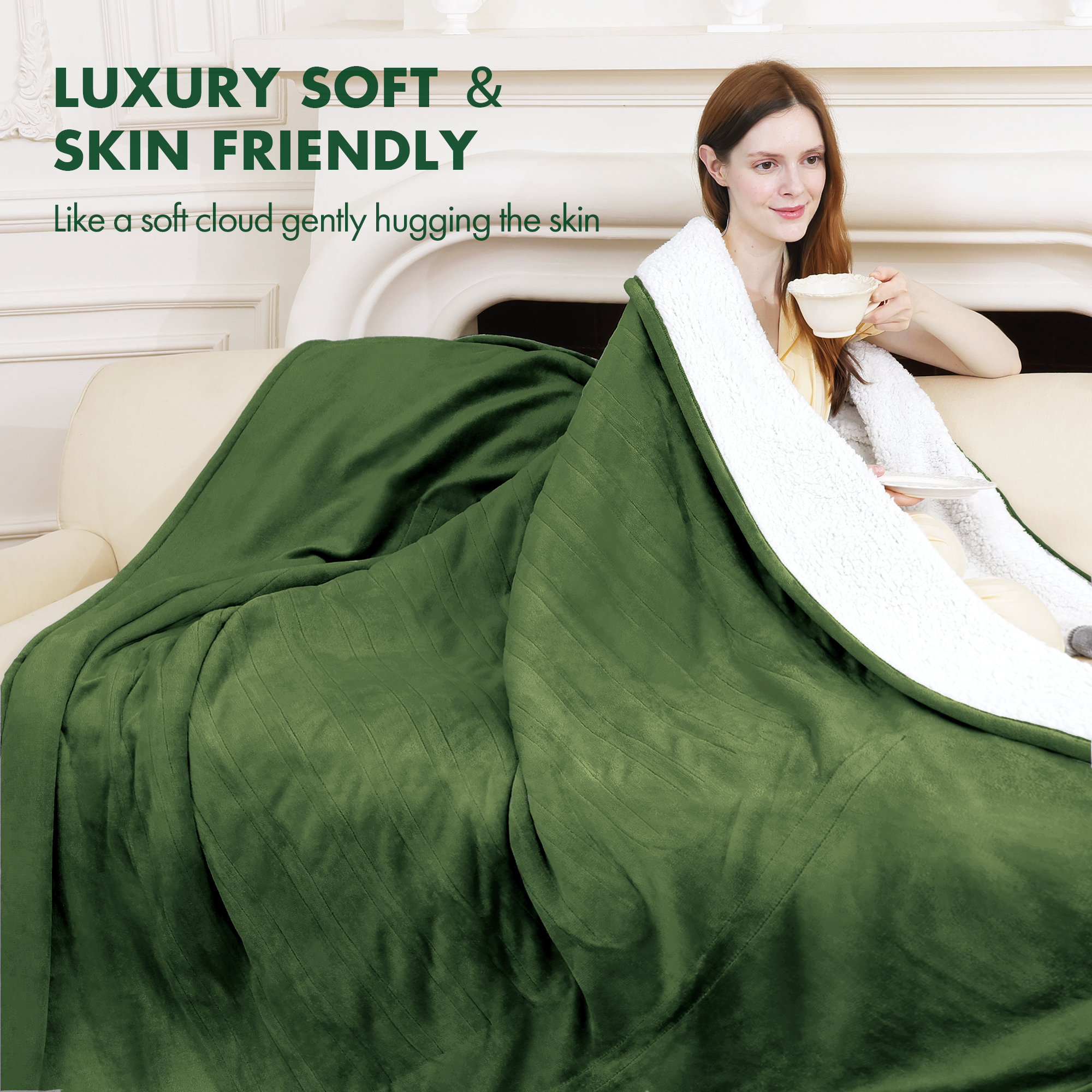 VELLUBAM Electric Heated Blanket Twin 62" x 84" - Soft Flannel Sherpa Electric Blanket with 5 Heating Levels & 10 Hours Auto Off, Heating Blanket Twin as a Gift for Grandma and ETL Certified (Green)