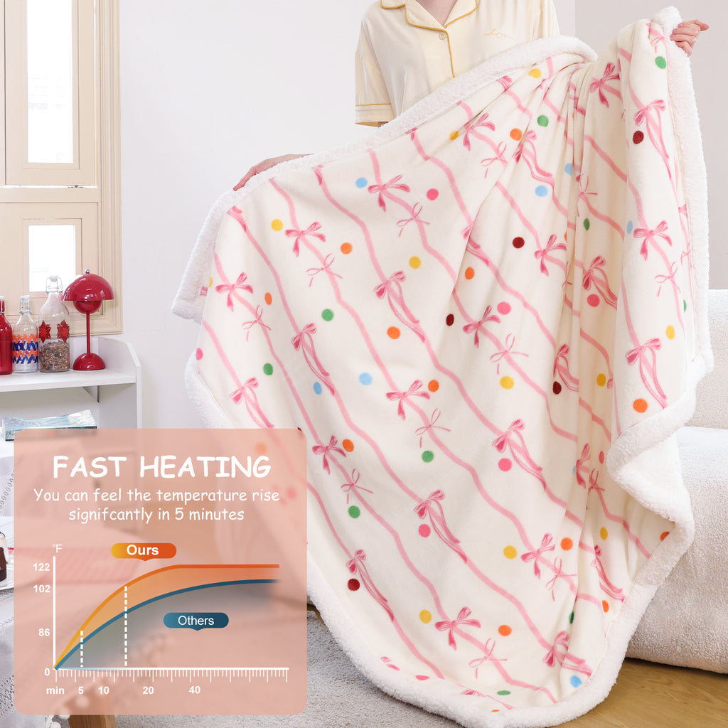 VELLUBAM Pink Bow Heated Blanket Full Size 72" x 84" - Ultra Soft Fast Heating Electric Blanket with 6 Heating Levels & 10 Hours Adjustable Timer, Heating Blanket for Sisters and ETL Certified