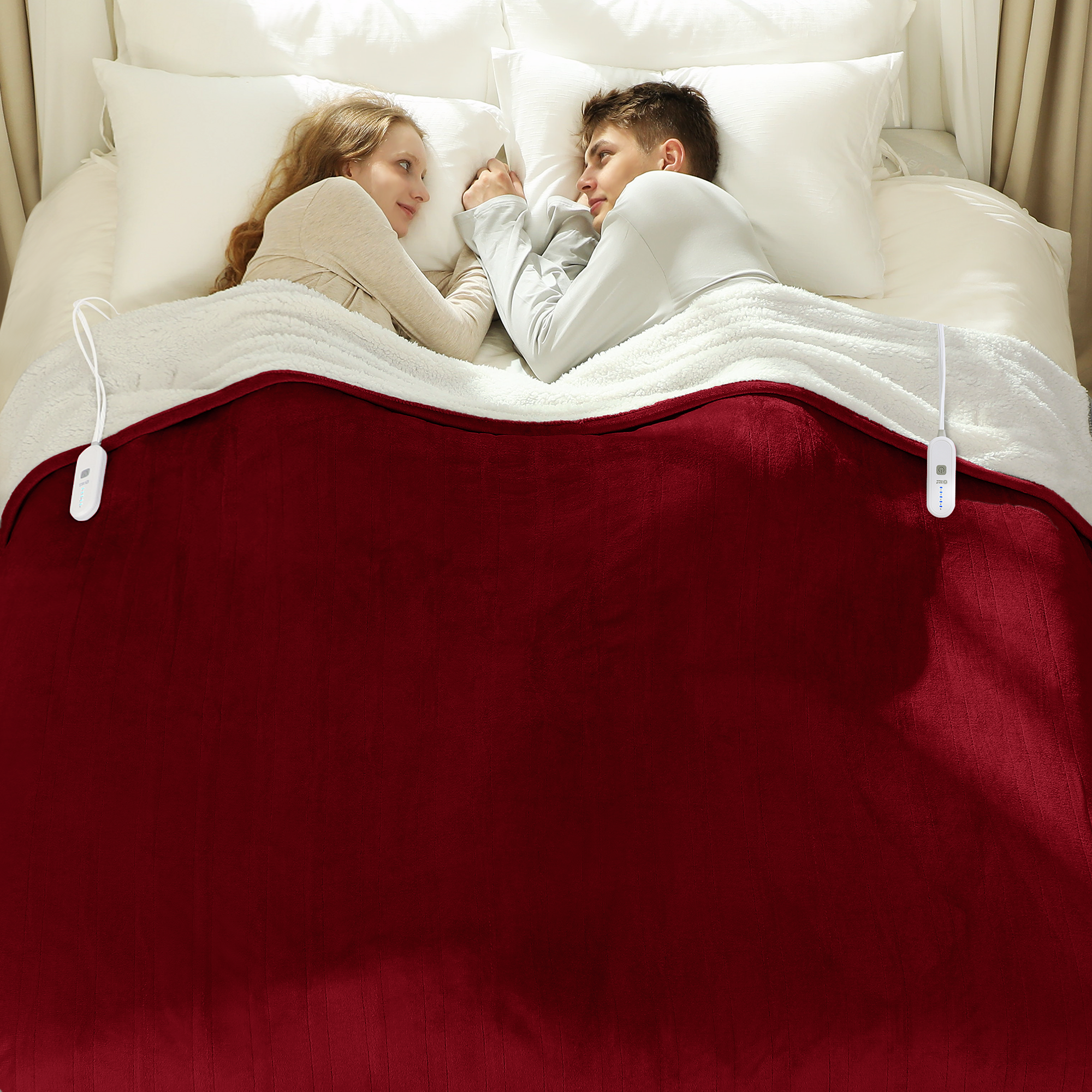 VELLUBAM Electric Blanket Queen Size 84" x 90" - Flannel Sherpa Washable Heated Blanket with Dual Control, 5 Heating Levels & 10 Hours Auto Off, Heating Blanket with Overheat Protection for Home(Red)