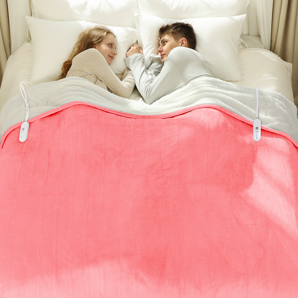 VELLUBAM Queen Heated Blanket 84" x 90" - Flannel Sherpa Electric Blanket Queen Size with Dual Control, 5 Heating Levels & 10 Hours Auto Off, Heating Blanket with Overheat Protection for Home(Pink)