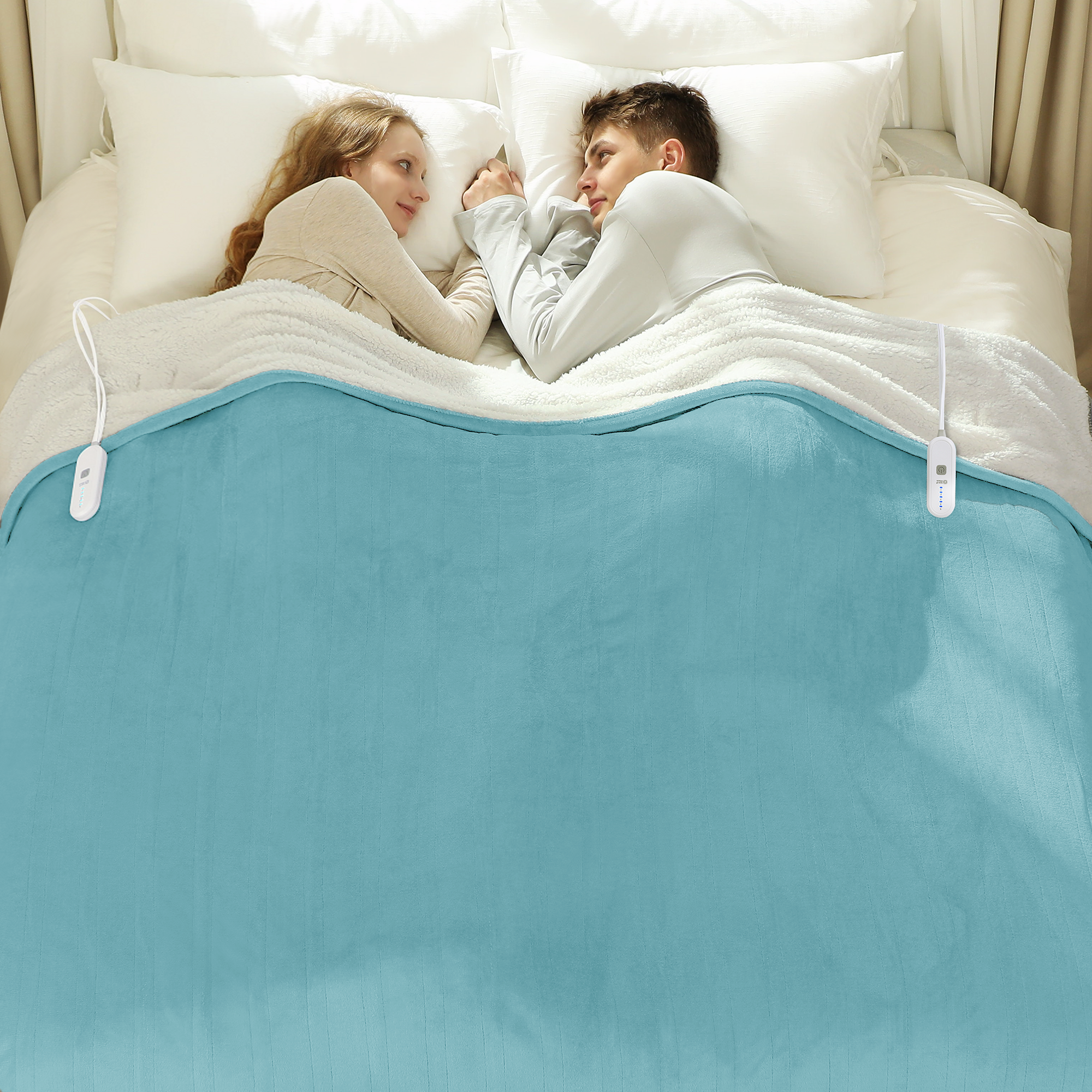 VELLUBAM Queen Size Electric Blanket 84" x 90" - Flannel Sherpa Washable Heated Blanket with Dual Control, 5 Heating Levels & 10 Hours Auto Off, Heating Blanket with Overheat Protection for Home(Blue)