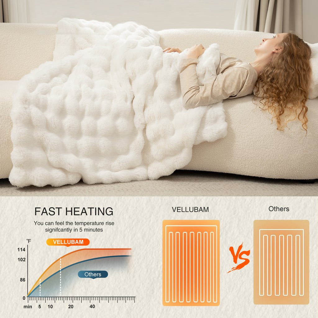 VELLUBAM Faux Fur Heated Blanket Throw White - Luxury Fluffy Rabbit Bubble Electric Blanket with 6 Heating Levels, 4 Time Settings, Ideal Gift for Women, Machine Washable (50"x60")