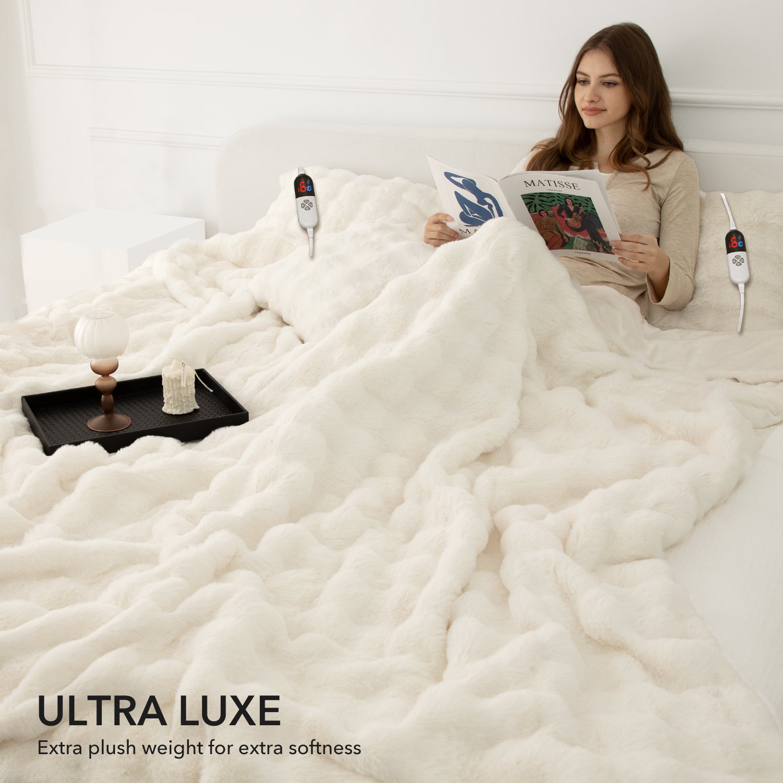 VELLUBAM Faux Rabbit Fur Bubble Heated Blanket King Size White - Fluffy Thick King Size Electric Blanket with Dual Control, 6 Heating Levels & 10 Timer Settings, ETL Certified, Home Decor (100" x 90")