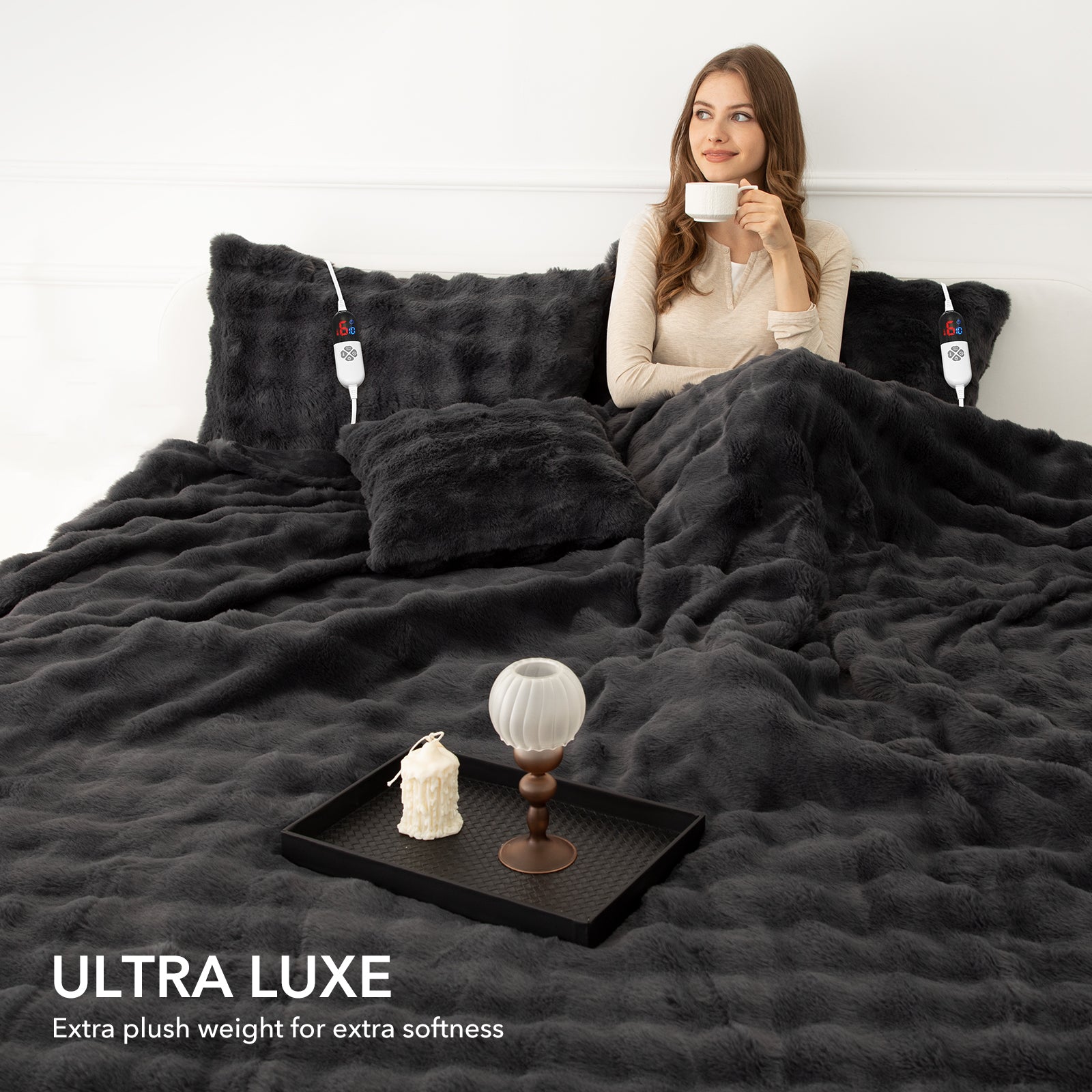 VELLUBAM Faux Rabbit Fur Bubble King Size Heated Blanket Dark Grey - Fluffy Thick Electric Blanket with Dual Control, 6 Heating Levels & 10 Timer Settings, ETL Certified, Home Decor (100" x 90")