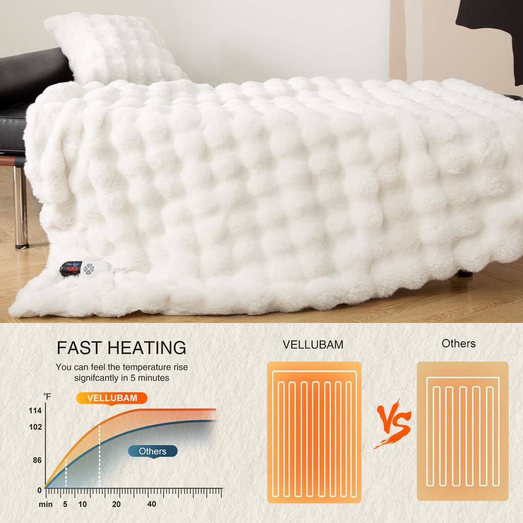 VELLUBAM Faux Rabbit Fur Bubble Electric Blanket Full White - Fuzzy Soft Plush Heated Blanket Full Size with 6 Heating Levels & 10 Timer Settings, Home Decor Gifts for Women, ETL Certified, 72" x 84"