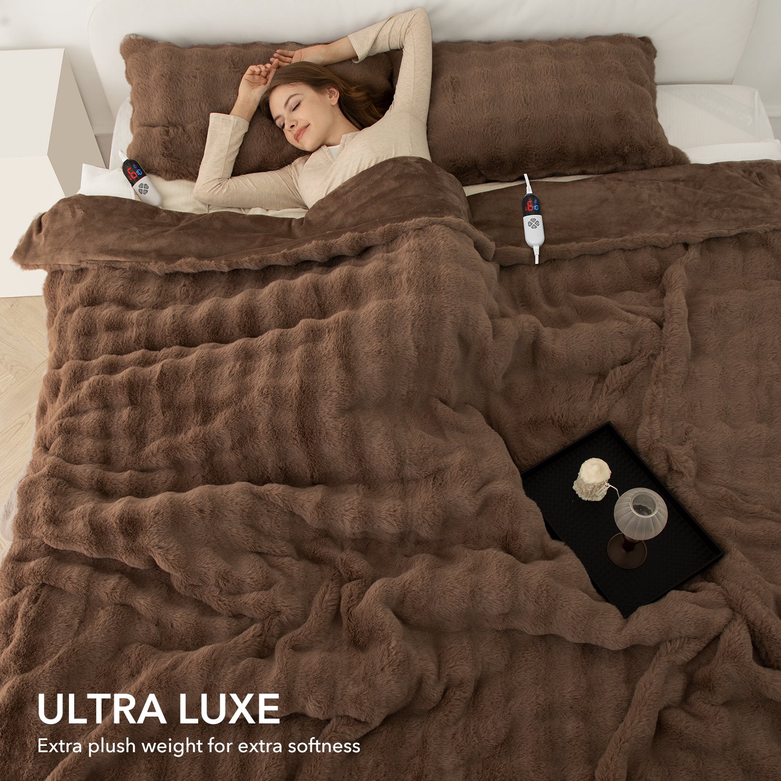 VELLUBAM Faux Rabbit Fur Bubble Electric Blanket King Camel - Fluffy Thick Heated Blanket with Dual Control, 6 Heating Levels & 10 Timer Settings, ETL Certified, Decor Gifts for Home (100" x 90")