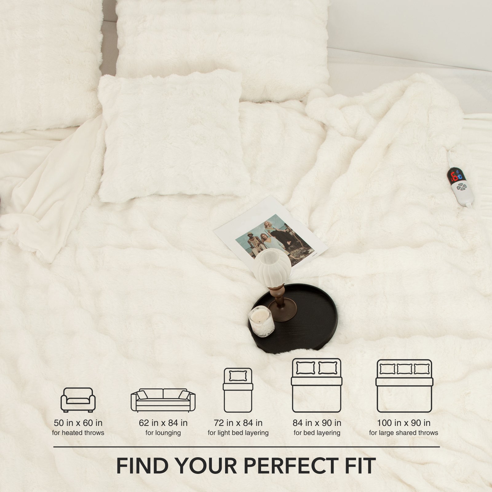 VELLUBAM Faux Rabbit Fur Bubble Heated Blanket King Size White - Fluffy Thick King Size Electric Blanket with Dual Control, 6 Heating Levels & 10 Timer Settings, ETL Certified, Home Decor (100" x 90")