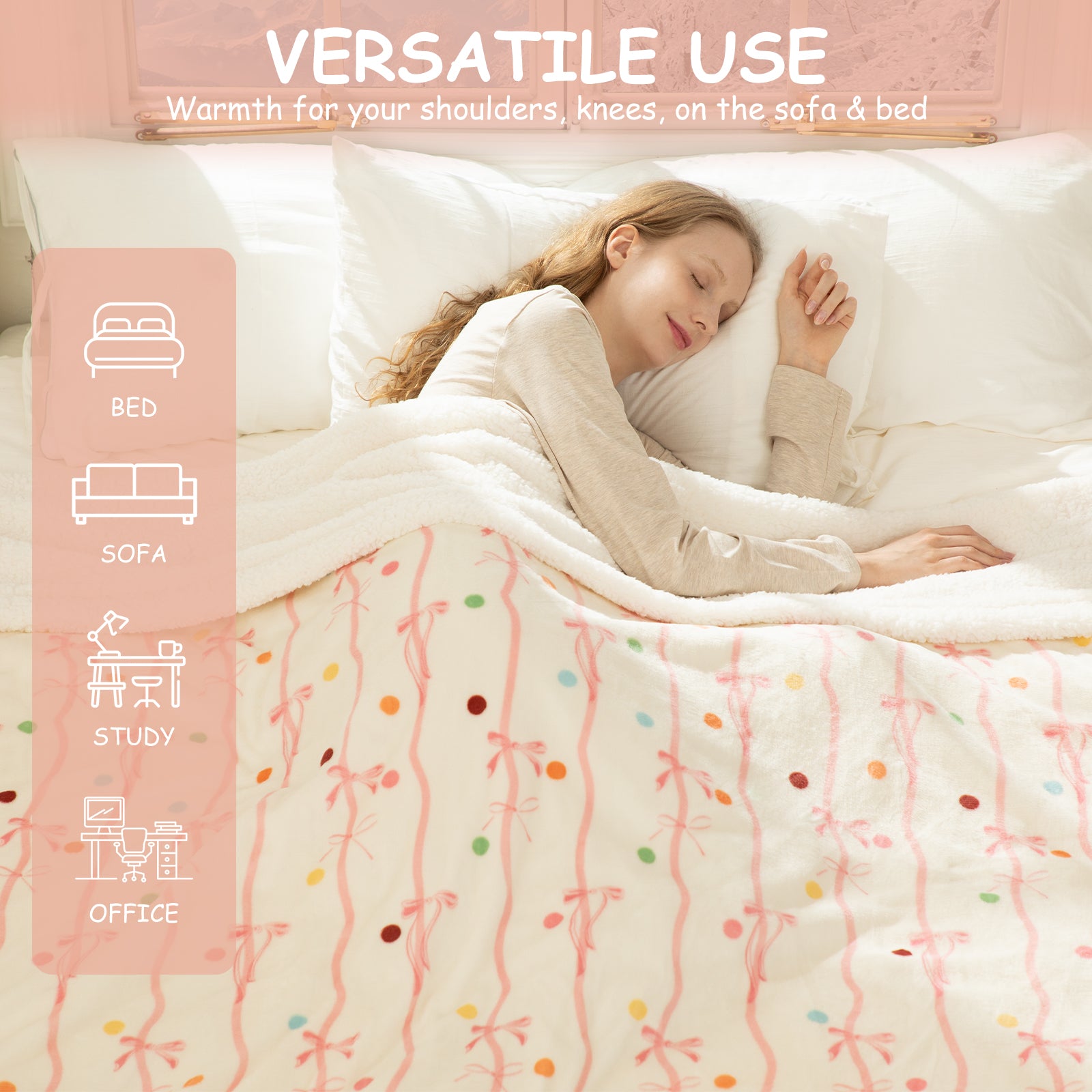 VELLUBAM Pink Bow Heated Blanket Full Size 72" x 84" - Ultra Soft Fast Heating Electric Blanket with 6 Heating Levels & 10 Hours Adjustable Timer, Heating Blanket for Sisters and ETL Certified