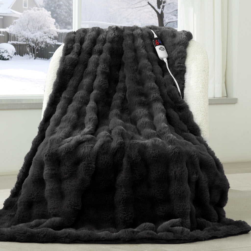 VELLUBAM Faux Rabbit Fur Bubble Electric Blanket Dark Grey - Luxury Fluffy Soft Heated Throw Blanket with 6 Heating Levels & 4 Timer Settings, Decor Gifts for Home Bedroom Living Room (50" x 60")