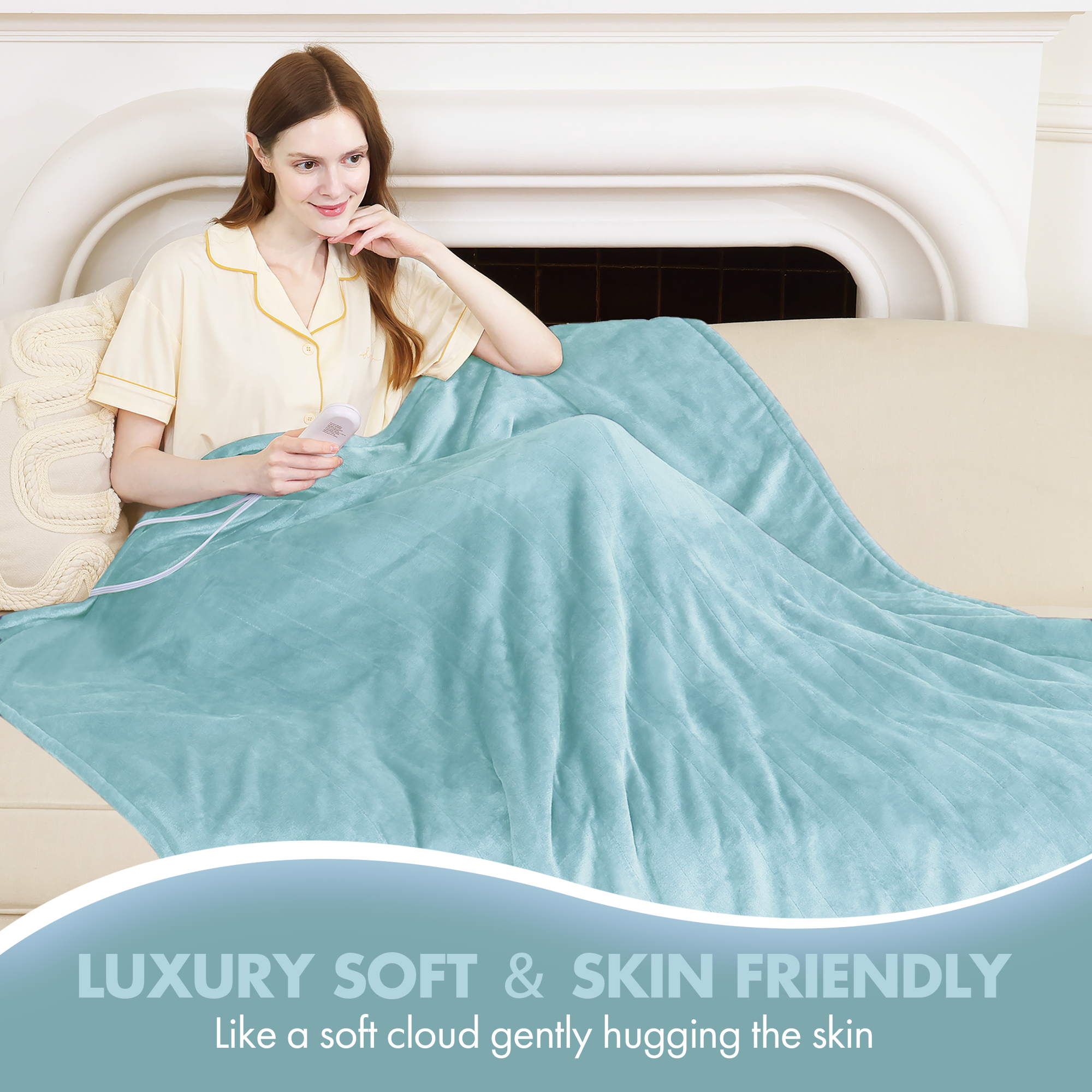 VELLUBAM Full Size Heated Blanket 72" x 84" - Fluffy Ultra Soft Flannel Electric Blanket Full with 6 Heating Levels & 10 Hours Adjustable Timer, Fast Heating and Washable Blanket for Office (Blue)