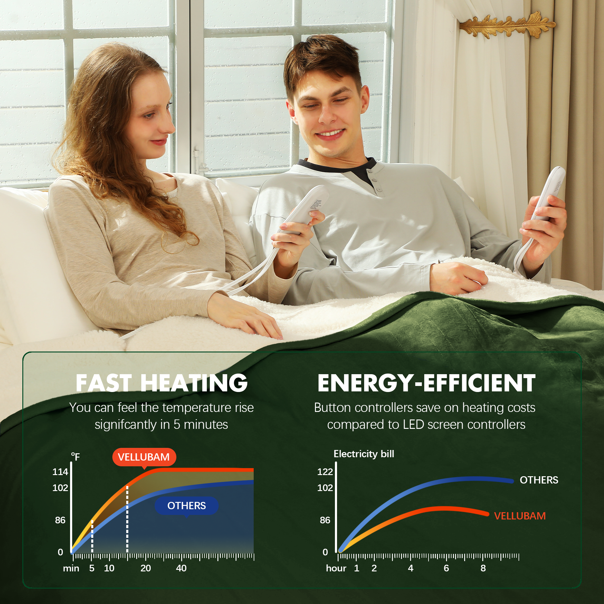 Electric Blanket King Size 100" x 90" - Soft Flannel Sherpa Heating Blanket King with Dual Control, 5 Heating Levels & 10 Hours Auto Off, Heated Blanket with ETL Certification (Green)