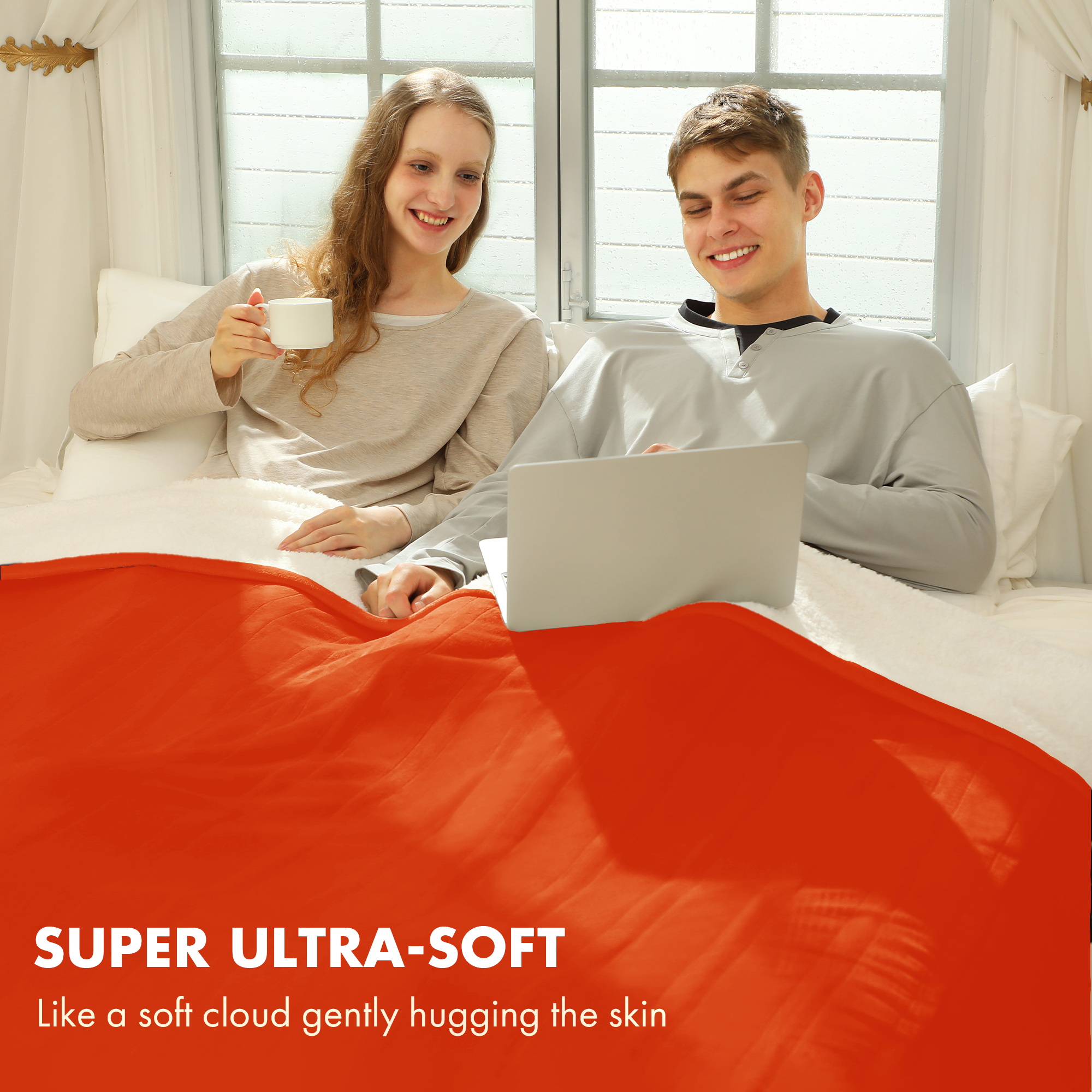 VELLUBAM Electric Heated Blanket Queen Size 84"x90" - Flannel Sherpa Electric Blanket with Dual Control, 5 Heating Levels & 10 Hours Auto Off, Heated Blanket for Women with Overheat Protection(Orange)