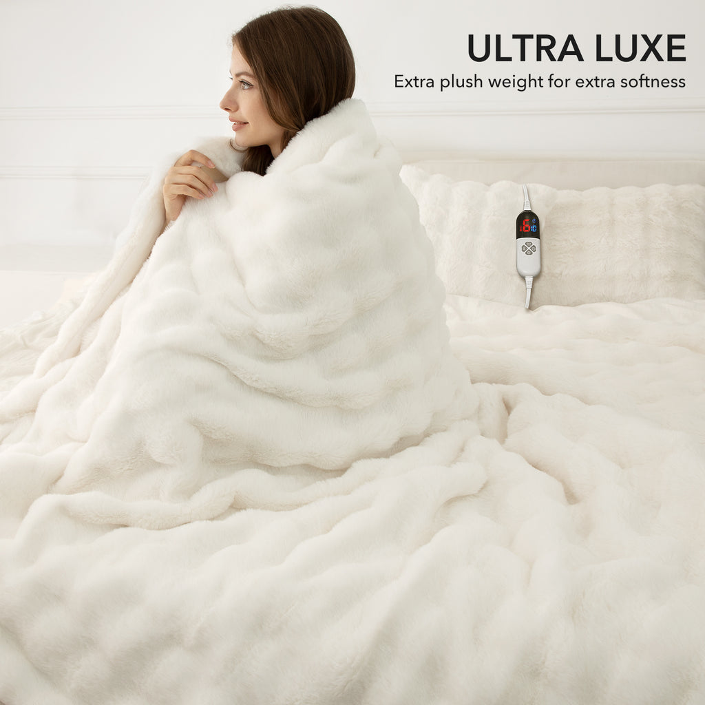 VELLUBAM Faux Fur Heated Blanket Throw White - Luxury Fluffy Rabbit Bubble Electric Blanket with 6 Heating Levels, 4 Time Settings, Ideal Gift for Women, Machine Washable (50"x60")