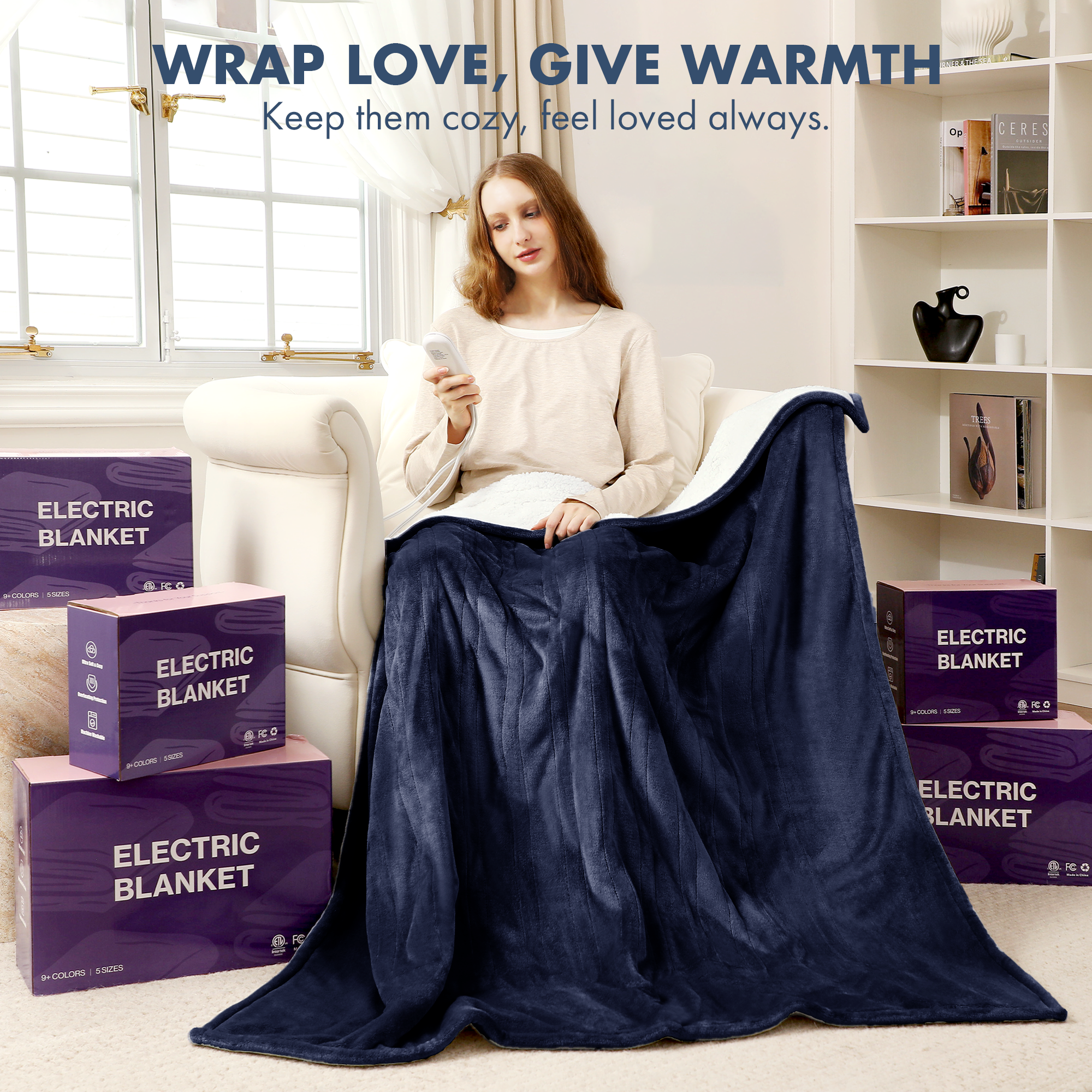 VELLUBAM Electric Heated Blanket Twin 62" x 84" - Soft Cozy Flannel Sherpa Electric Blanket Twin Size with 5 Heating Levels & 10 Hours Auto Off, Heated Blanket for Women, ETL Certified (Navy)