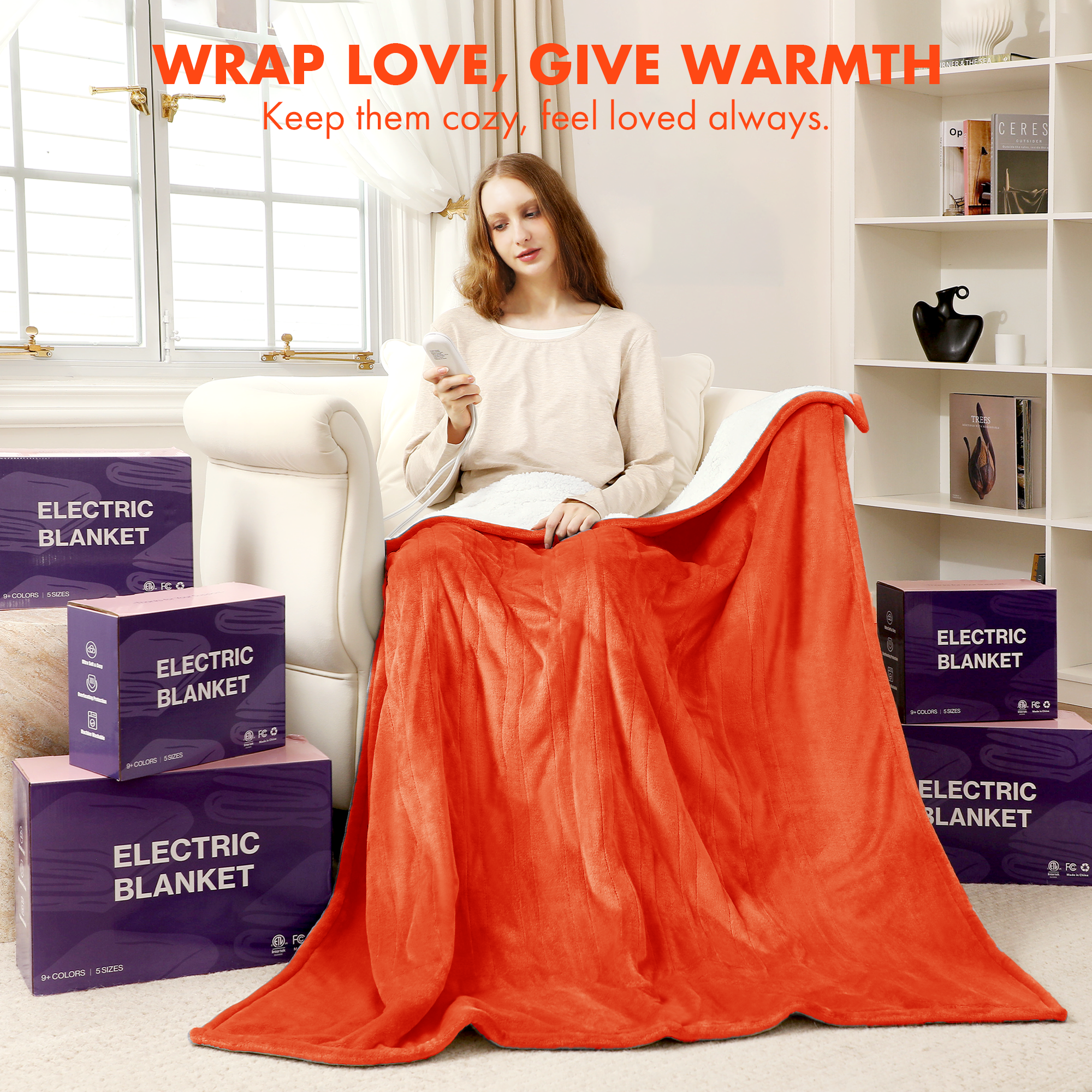 VELLUBAM Electric Heated Blanket Twin 62" x 84" - Soft Cozy Flannel Sherpa Heated Blanket with 5 Heating Levels & 10 Hours Auto Off, Electric Blanket as a Gift for Grandma, ETL Certified (Orange)