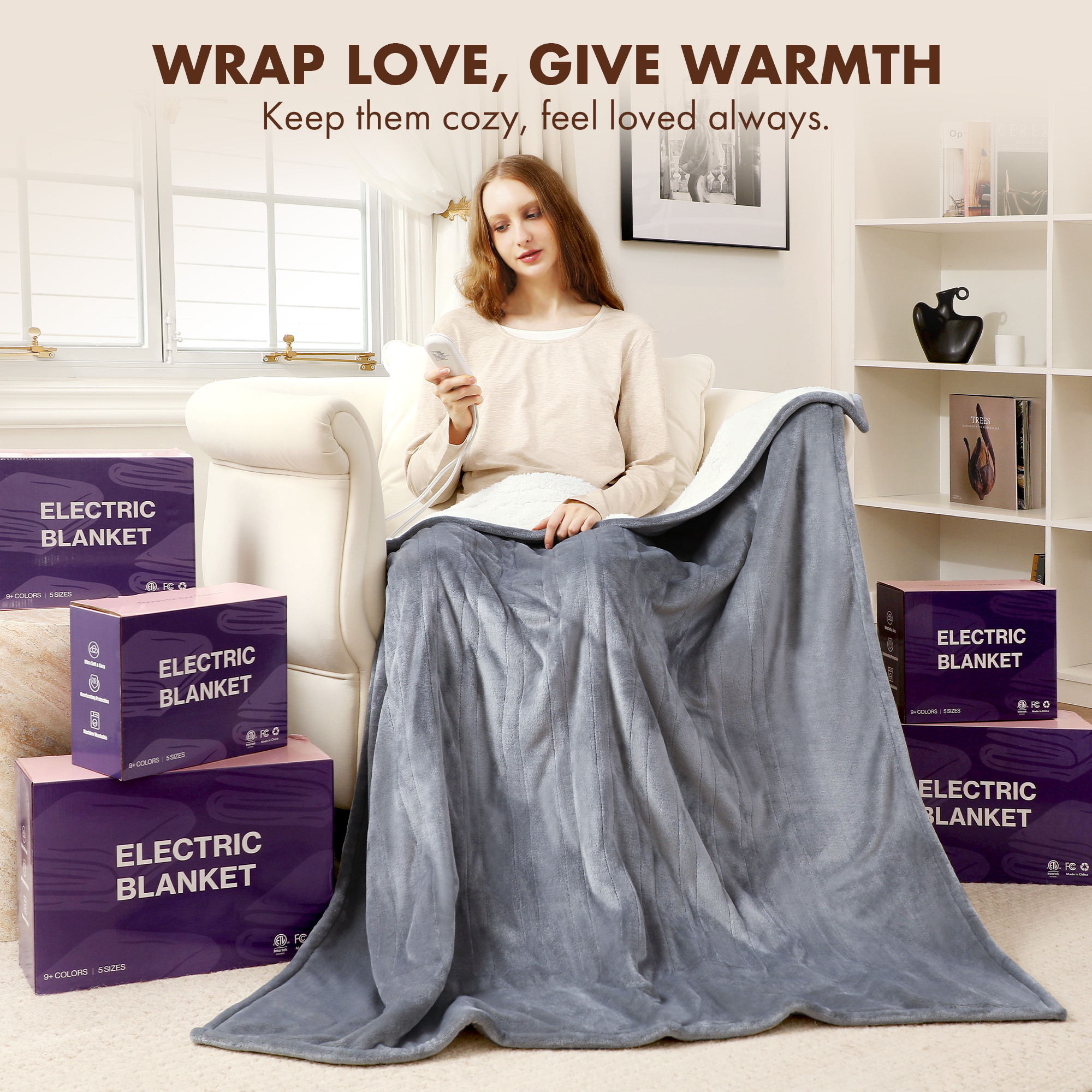 VELLUBAM Electric Heated Blanket Twin 62" x 84" - Soft Cozy Flannel Sherpa Electric Blanket with 5 Heating Levels & 10 Hours Auto Off, Heating Blanket as a Gift for Grandma, ETL Certified (Grey)