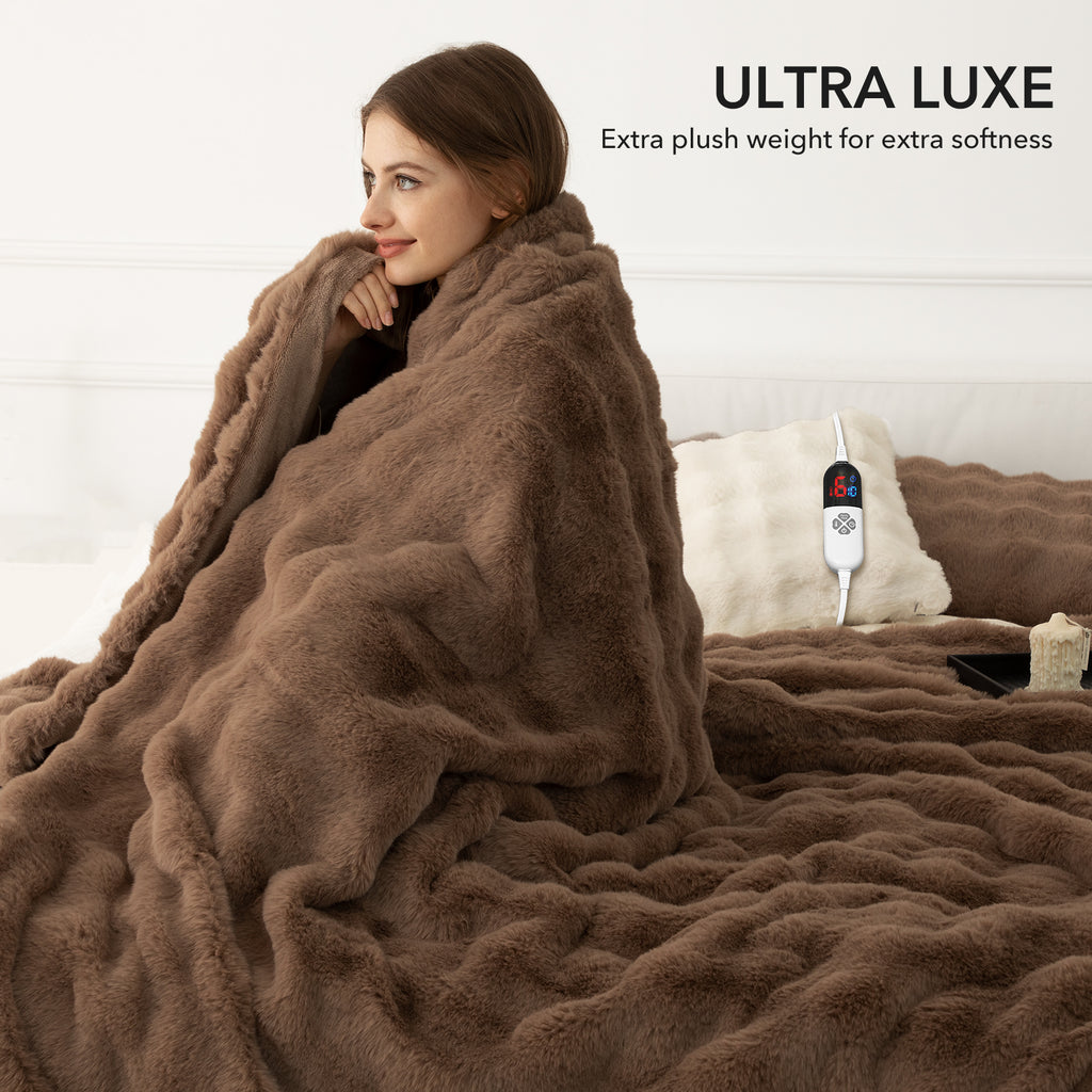 VELLUBAM Faux Rabbit Fur Bubble Heated Throw Blanket Camel - Luxury Fluffy Soft Warm Electric Throw with 6 Heating Levels & 4 Timer Settings, Decor Gifts for Home Bedroom Living Room (50" x 60")