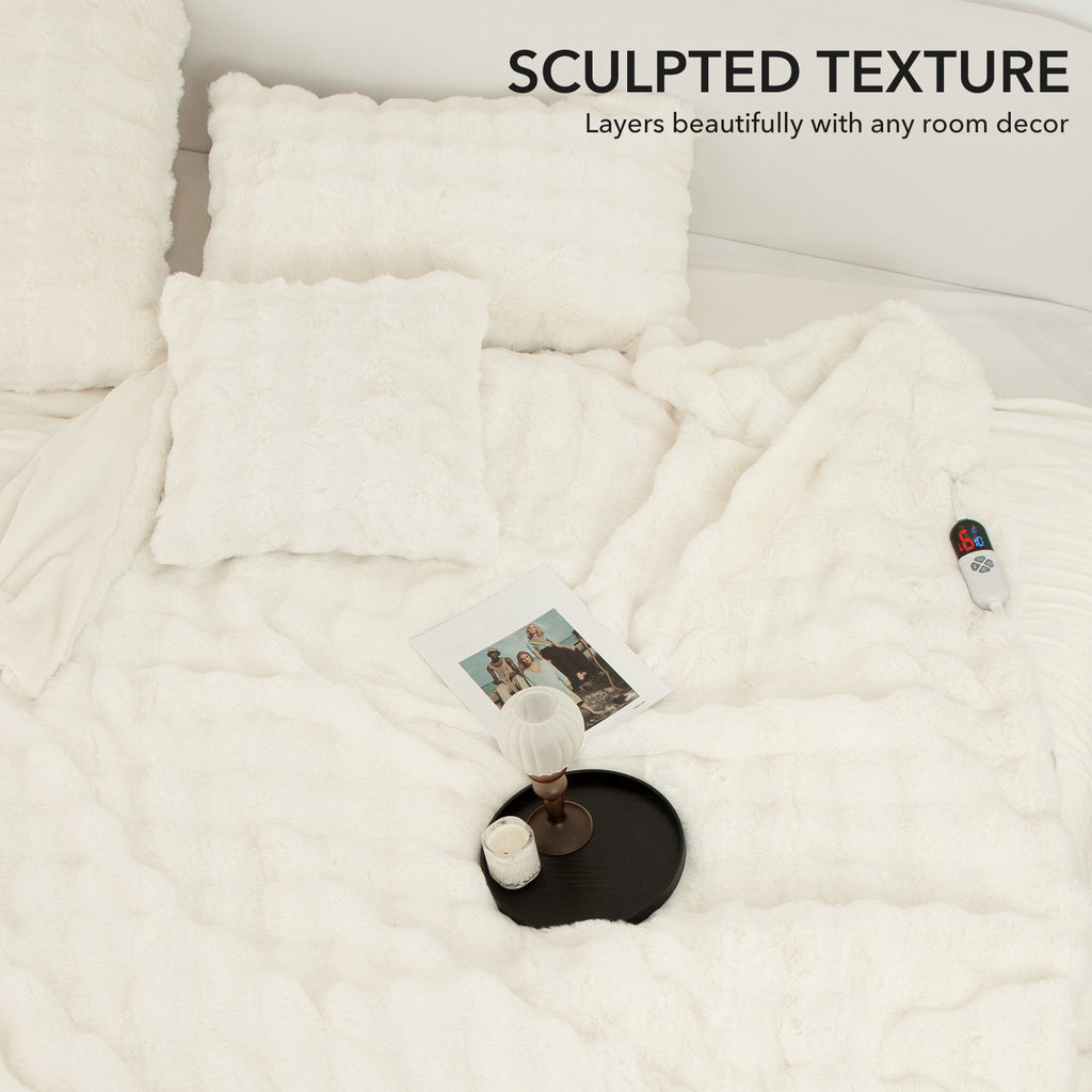 VELLUBAM Faux Fur Heated Blanket Throw White - Luxury Fluffy Rabbit Bubble Electric Blanket with 6 Heating Levels, 4 Time Settings, Ideal Gift for Women, Machine Washable (50"x60")