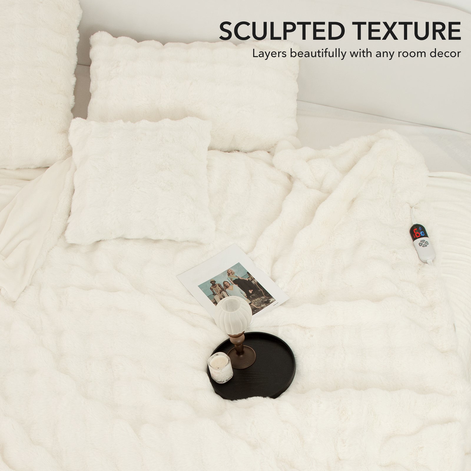 VELLUBAM Faux Rabbit Fur Bubble Queen Size Heated Blanket White - Fluffy Thick Electric Blanket Queen with Dual Control, 6 Heating Levels & 10 Timer Settings, Overheat Protection, Home Decor,84" x 90"