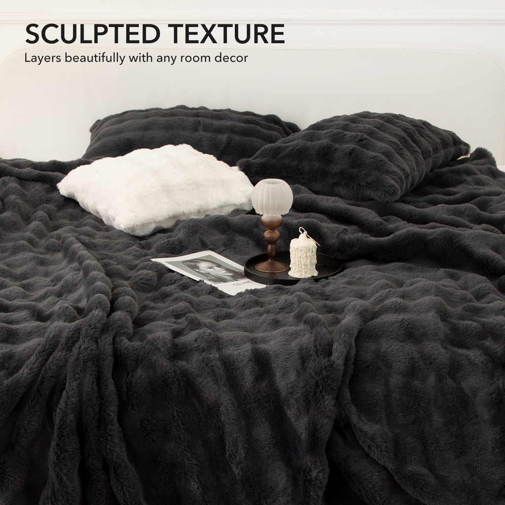 VELLUBAM Faux Rabbit Fur Bubble Electric Blanket Twin Dark Grey - Ultra Soft Cozy Luxury Heated Blanket Twin with 6 Heating Levels & 10 Timer Settings, Washable and Decor Gifts for Home (62" x 84")