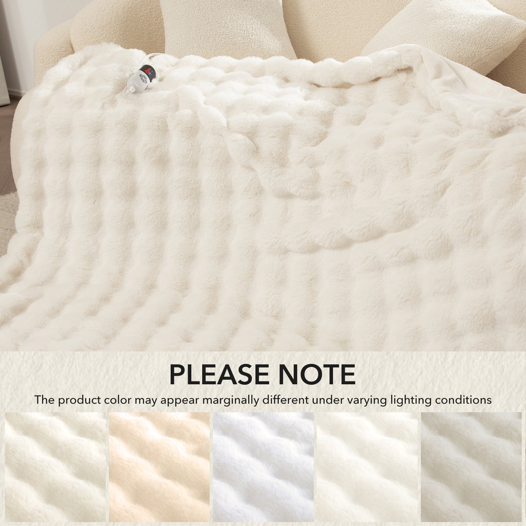VELLUBAM Faux Rabbit Fur Bubble Electric Blanket Full White - Fuzzy Soft Plush Heated Blanket Full Size with 6 Heating Levels & 10 Timer Settings, Home Decor Gifts for Women, ETL Certified, 72" x 84"