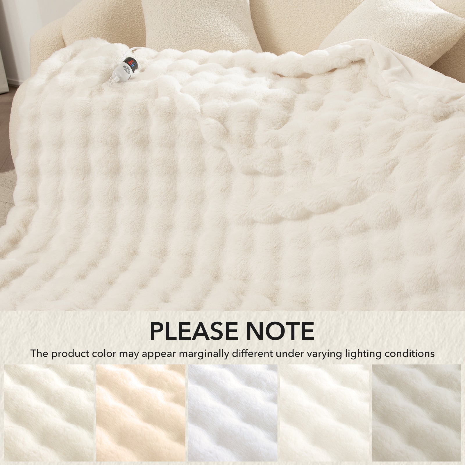 VELLUBAM Faux Rabbit Fur Bubble Electric Blanket Full White - Fuzzy Soft Plush Heated Blanket Full Size with 6 Heating Levels & 10 Timer Settings, Home Decor Gifts for Women, ETL Certified, 72" x 84"