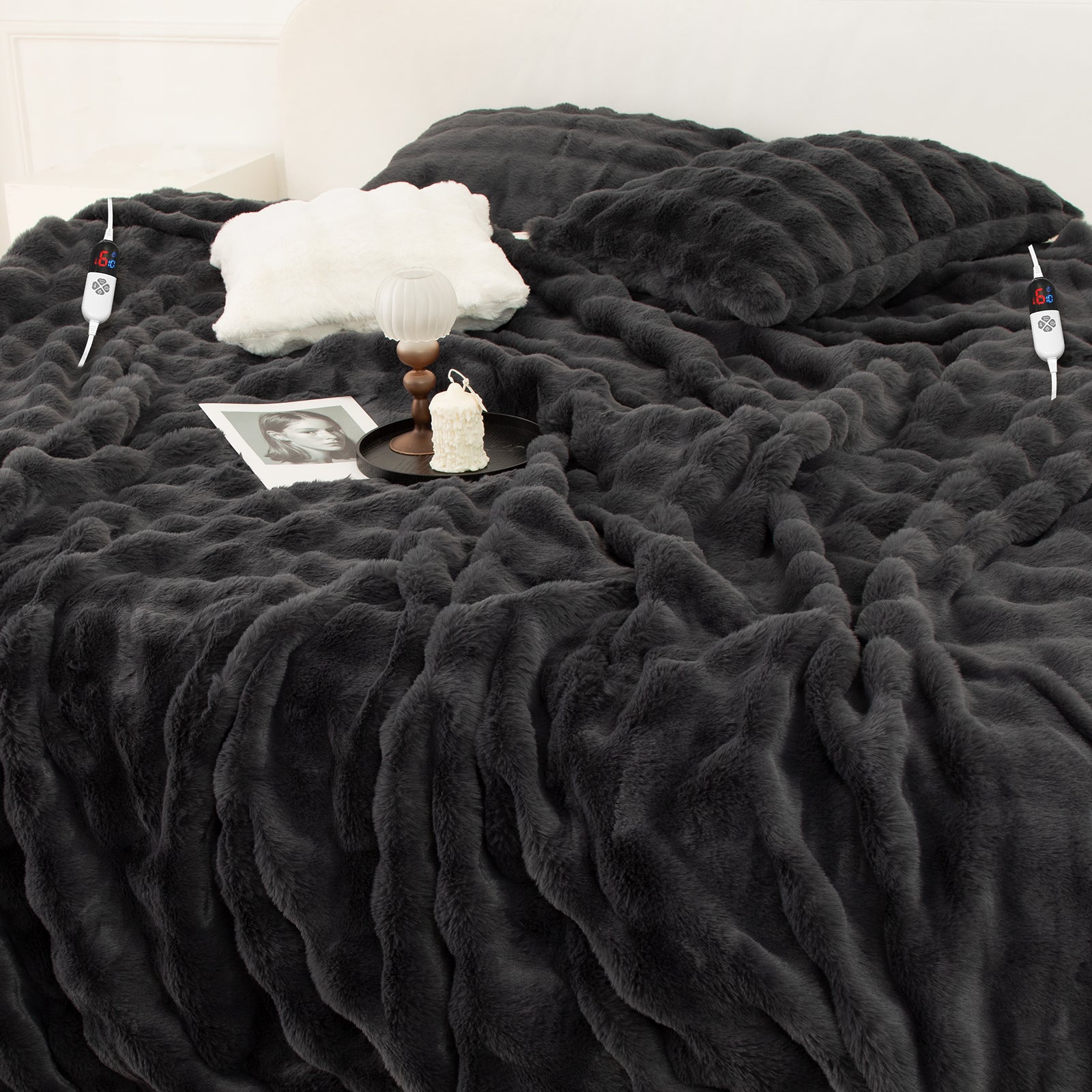 VELLUBAM Faux Rabbit Fur Bubble Heated Blanket Queen Size Dark Grey - Fluffy Thick Electric Blanket with Dual Control, 6 Heating Levels & 10 Timer Settings, Overheat Protection, Home Decor (84" x 90")