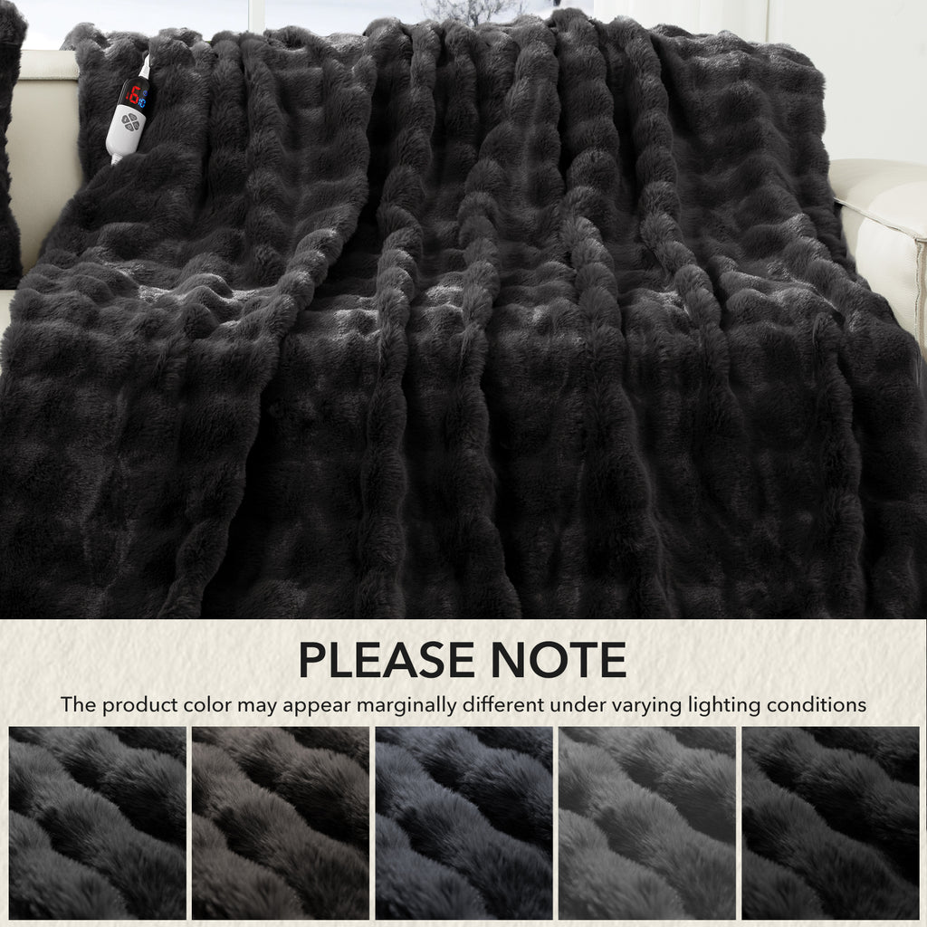 VELLUBAM Faux Rabbit Fur Bubble Electric Blanket Twin Dark Grey - Ultra Soft Cozy Luxury Heated Blanket Twin with 6 Heating Levels & 10 Timer Settings, Washable and Decor Gifts for Home (62" x 84")