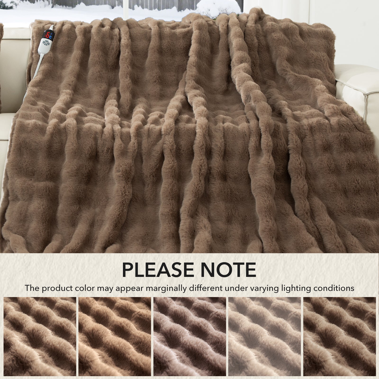 VELLUBAM Faux Rabbit Fur Bubble Heated Throw Blanket Camel - Luxury Fluffy Soft Warm Electric Throw with 6 Heating Levels & 4 Timer Settings, Decor Gifts for Home Bedroom Living Room (50" x 60")