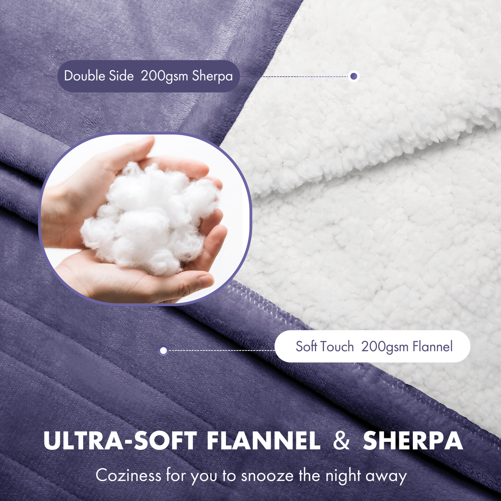 VELLUBAM Heated Blanket Queen Size 84" x 90" - Warm Flannel Sherpa Electric Blanket with Dual Control for Home, 5 Heating Levels & 10 Hours Auto Off, Overheat Protection (Purple)