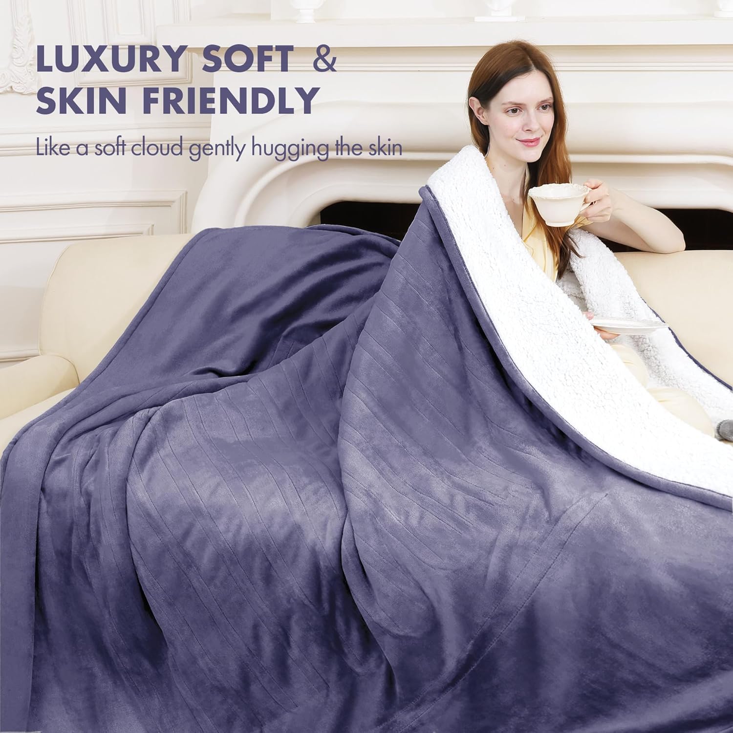 VELLUBAM Heated Blanket Throw 50" x 60" - Soft Flannel Sherpa Electric Blanket Throw with 5 Heating Levels & 4 Hours Auto Off, Machine Washable, Ideal Gift for Grandma (Purple)