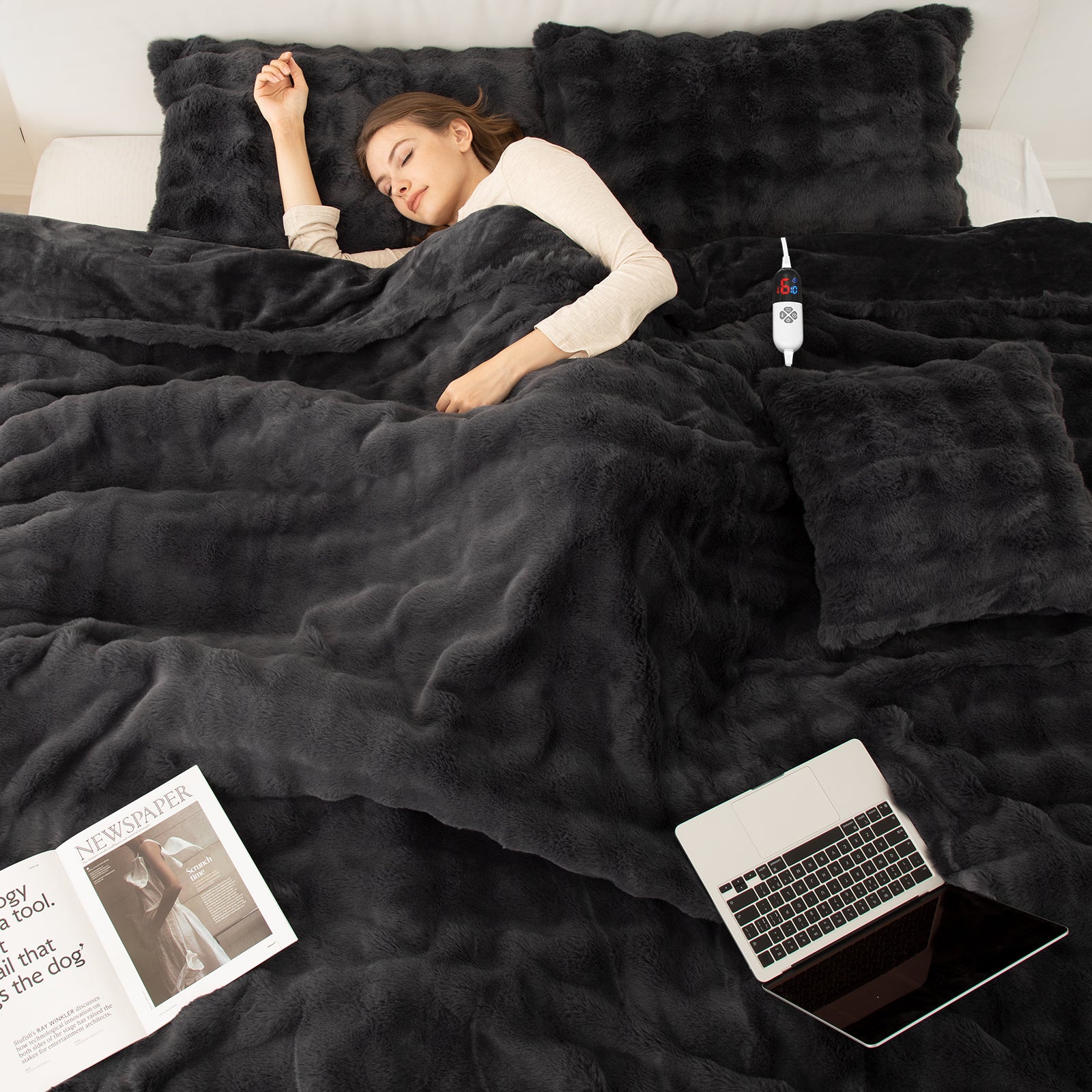 VELLUBAM Faux Rabbit Fur Bubble Full Size Heated Blanket Dark Grey - Fuzzy Soft Plush Electric Blanket Full with 6 Heating Levels & 10 Timer Settings, Home Decor Gifts, ETL Certified (72" x 84")