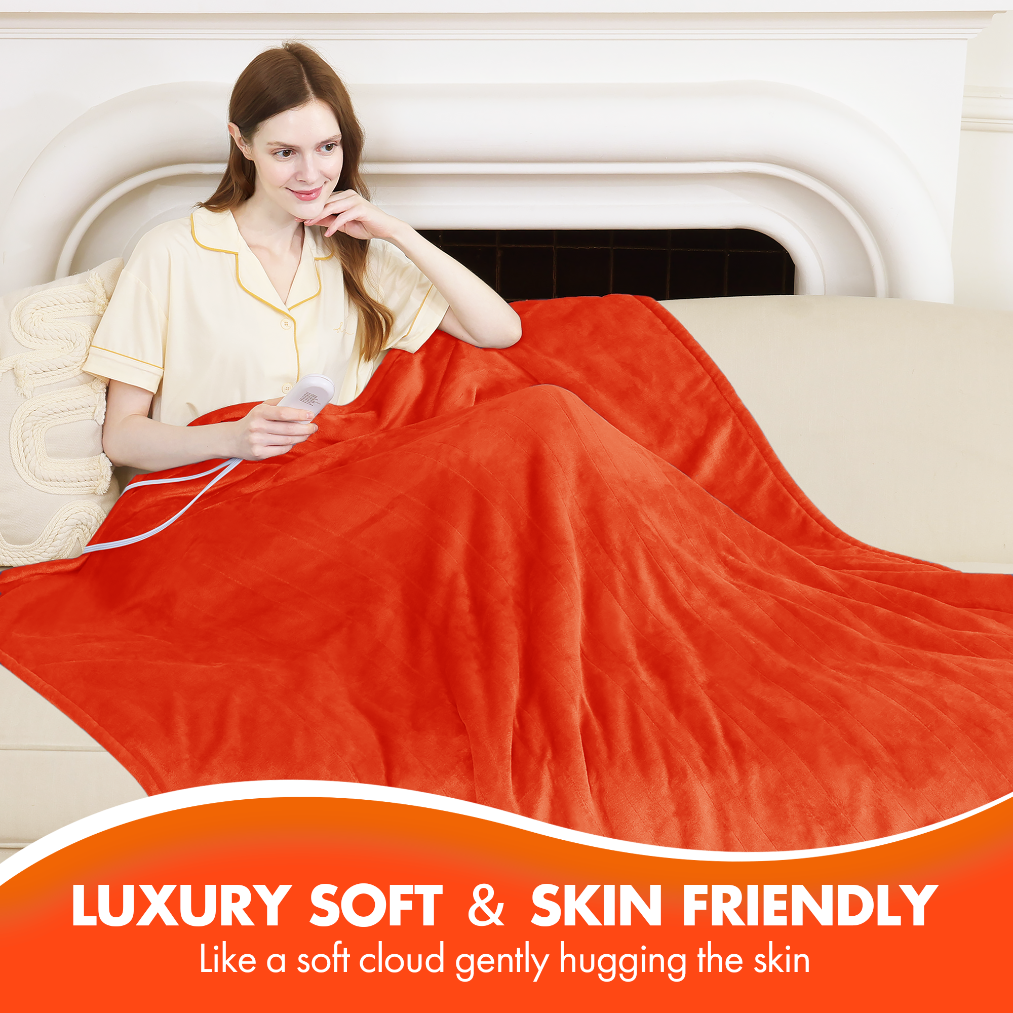 VELLUBAM Heated Blanket Full 72" x 84" - Ultra Soft Flannel Heating Blanket with 6 Heating Levels & 10 Hours Adjustable Timer, Fast Heating and Electric Lap Blanket for Office (Orange)