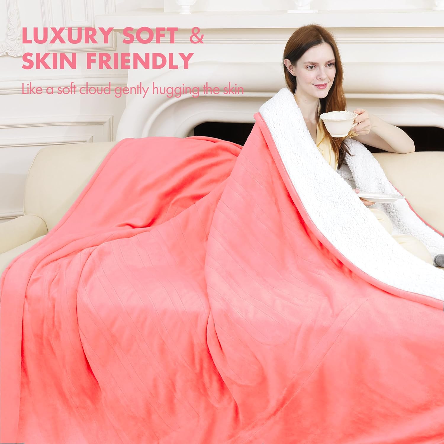 VELLUBAM Electric Heated Blanket Twin 62" x 84" - Soft Fuzzy Cozy Flannel Sherpa Electric Blanket with 5 Heating Levels & 10 Hours Auto Off, Heated Blanket for Women and ETL Certified (Pink)