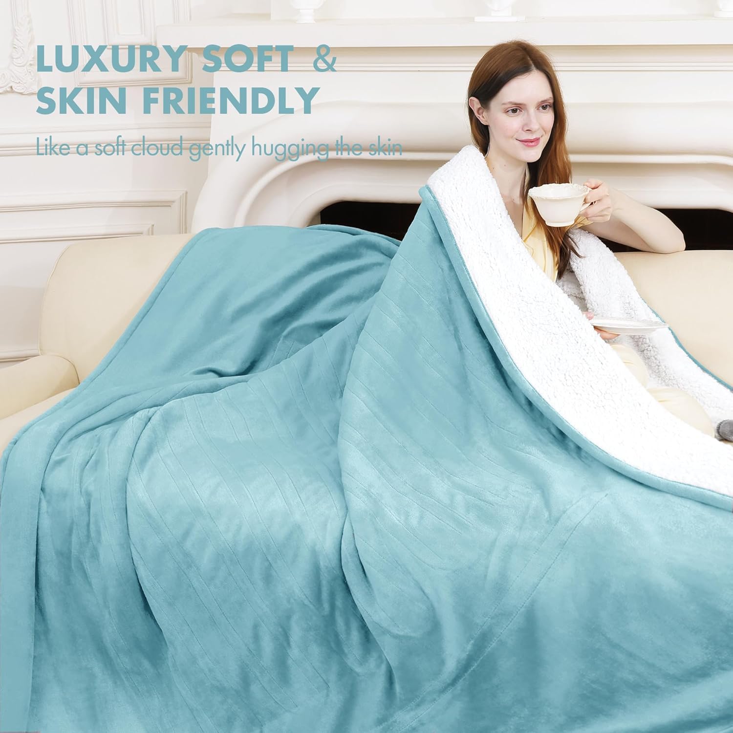 VELLUBAM Electric Blanket Heated Throw 50" x 60" - Soft Flannel Sherpa Heating Blanket with 5 Heating Levels & 4 Hours Auto Off, Heated Lap Blanket as a Gift for Grandma, Machine Washable (Blue)