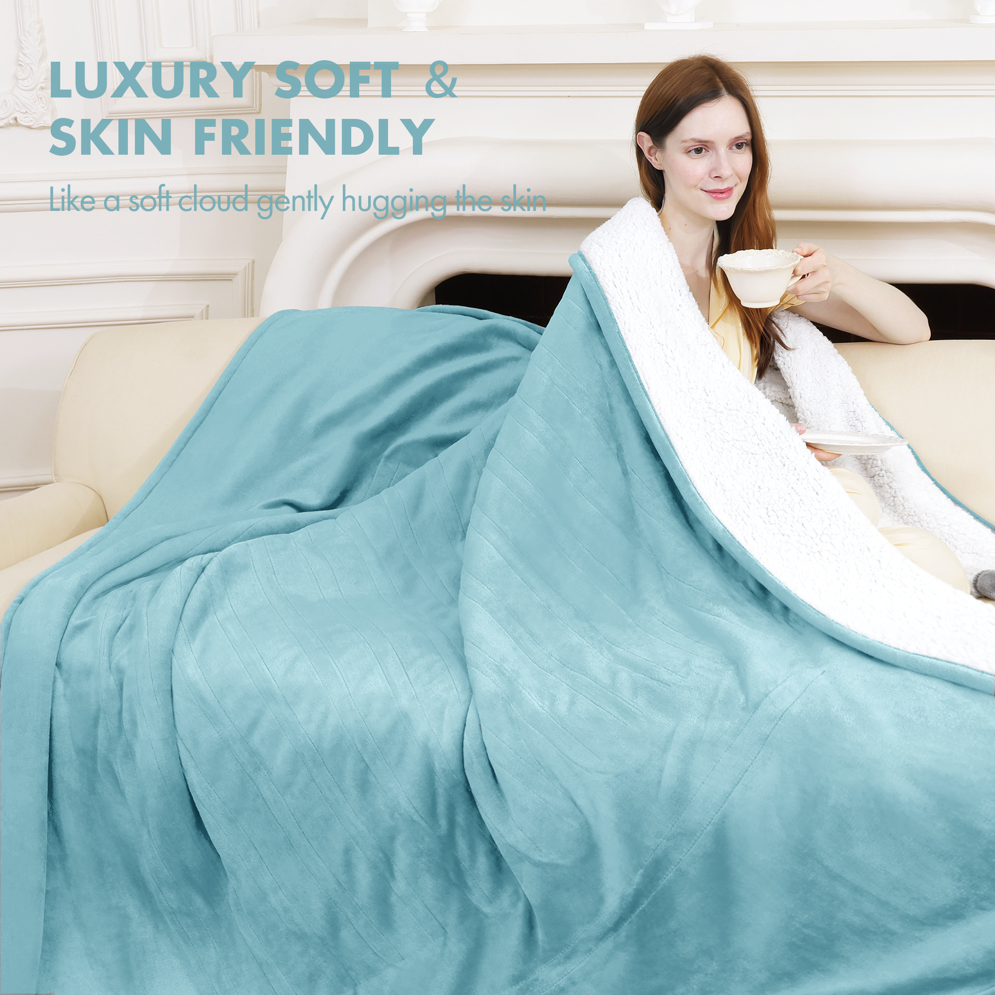 VELLUBAM Electric Blanket Twin 62" x 84" - Soft Cozy Flannel Sherpa Heated Blanket Twin with 5 Heating Levels & 10 Hours Auto Off, Ideal Gift for Grandma, Machine Washable and ETL Certified (Blue)