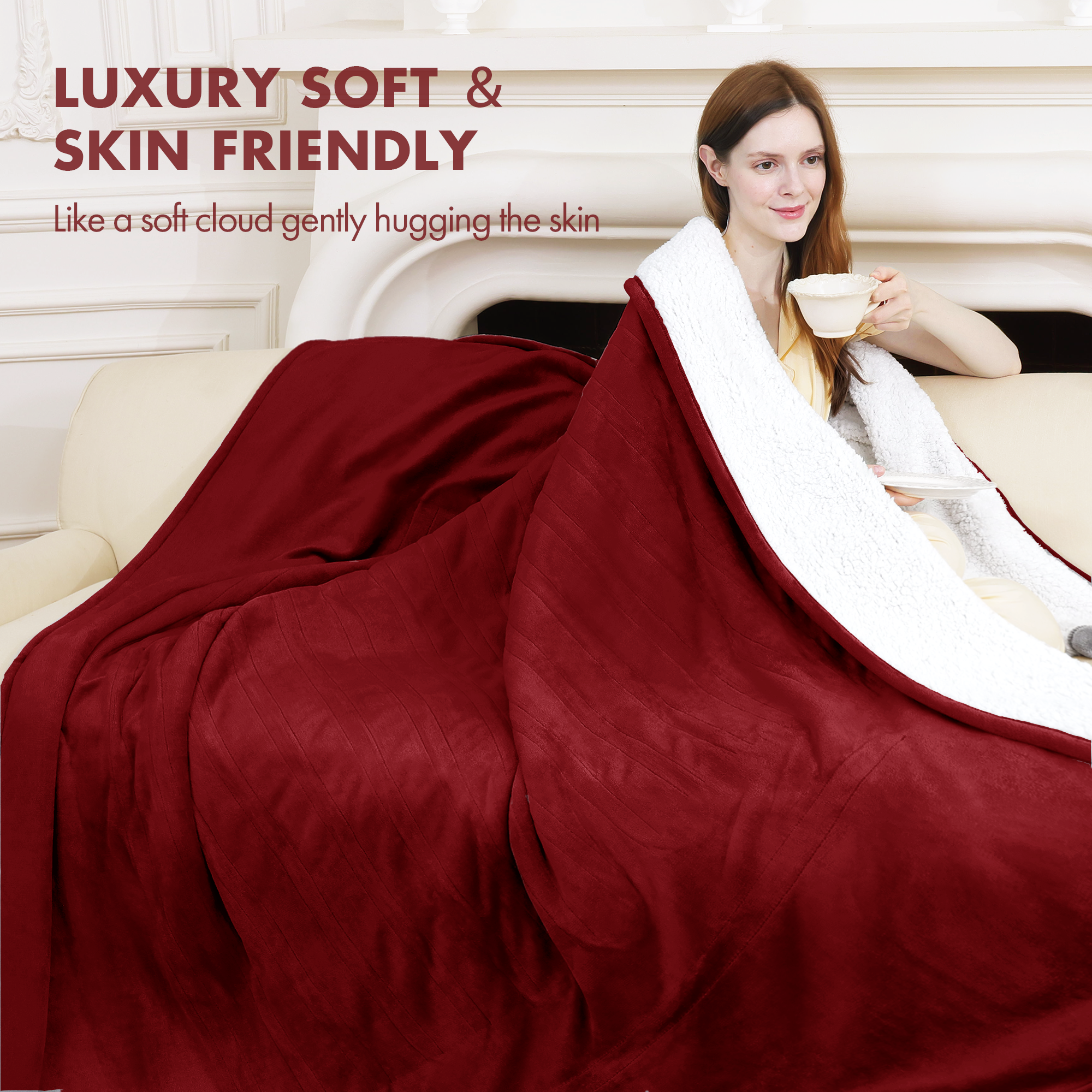 VELLUBAM Electric Heated Blanket Twin 62" x 84" - Soft Cozy Flannel Sherpa Electric Blanket with 5 Heating Levels & 10 Hours Auto Off, Heated Lap Blanket for Office and ETL Certified (Red)