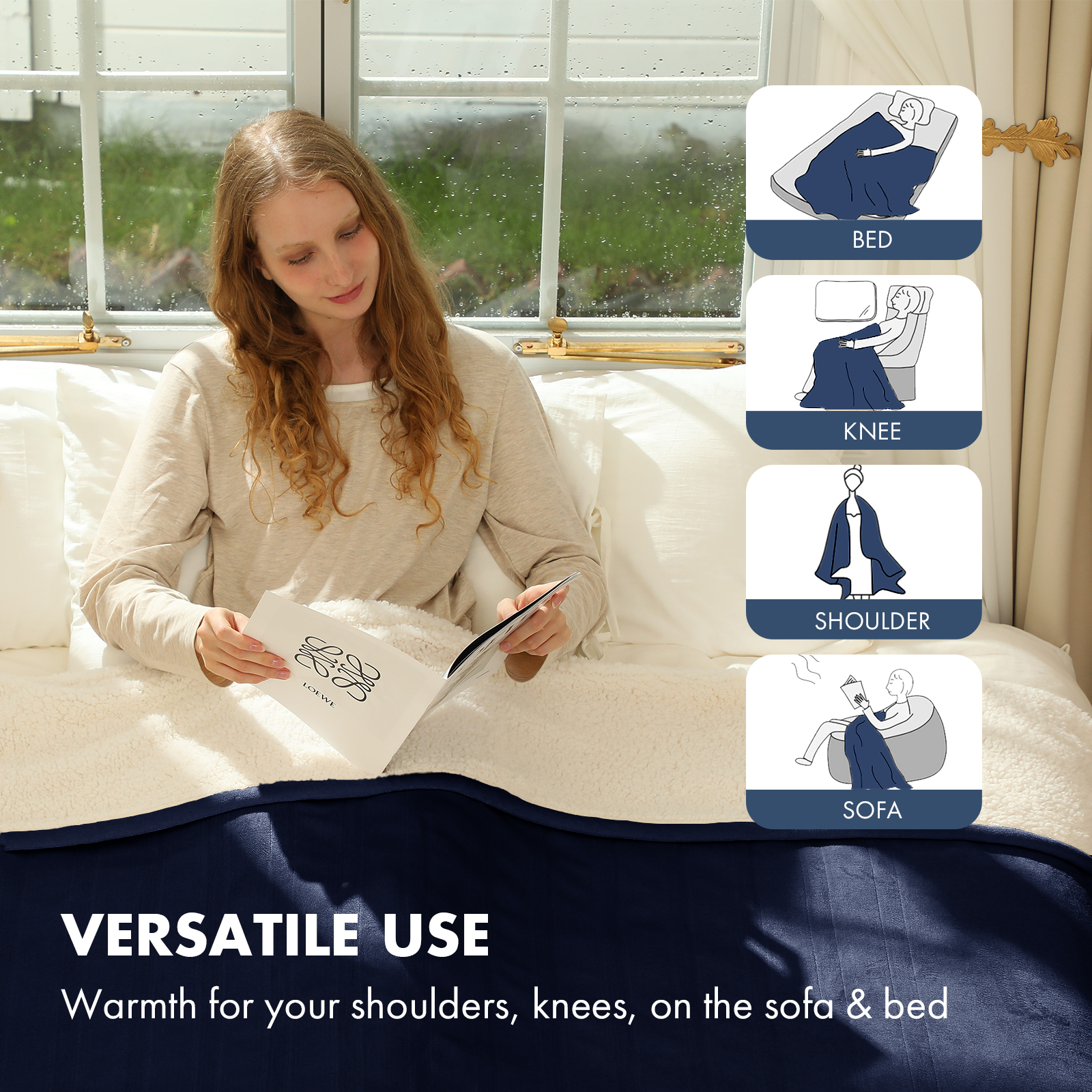 VELLUBAM Electric Heated Blanket Twin 62" x 84" - Soft Cozy Flannel Sherpa Electric Blanket Twin Size with 5 Heating Levels & 10 Hours Auto Off, Heated Blanket for Women, ETL Certified (Navy)