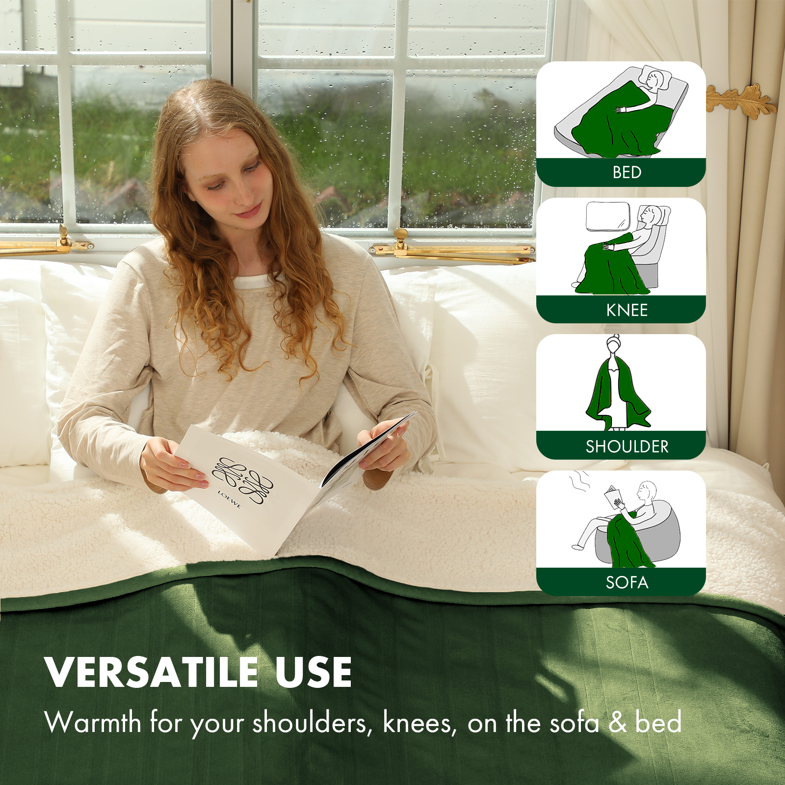 VELLUBAM Electric Throw Blanket 50" x 60" - Soft Flannel Sherpa Heated Lap Blanket with 5 Heating Levels & 4 Hours Auto Off, Electric Throw Blanket as a Gift for Grandma, Machine Washable (Green)