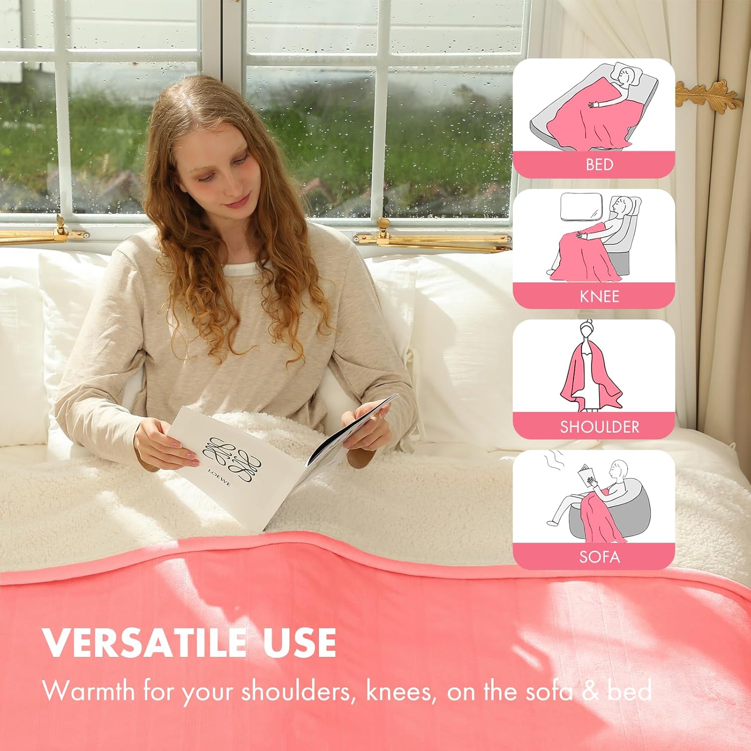 VELLUBAM Heated Blanket 50" x 60" - Soft Flannel Sherpa Electric Throw Blanket with 5 Heating Levels & 4 Hours Auto Off for Office, Heating Blanket as a Gift for Grandma, Machine Washable (Pink)