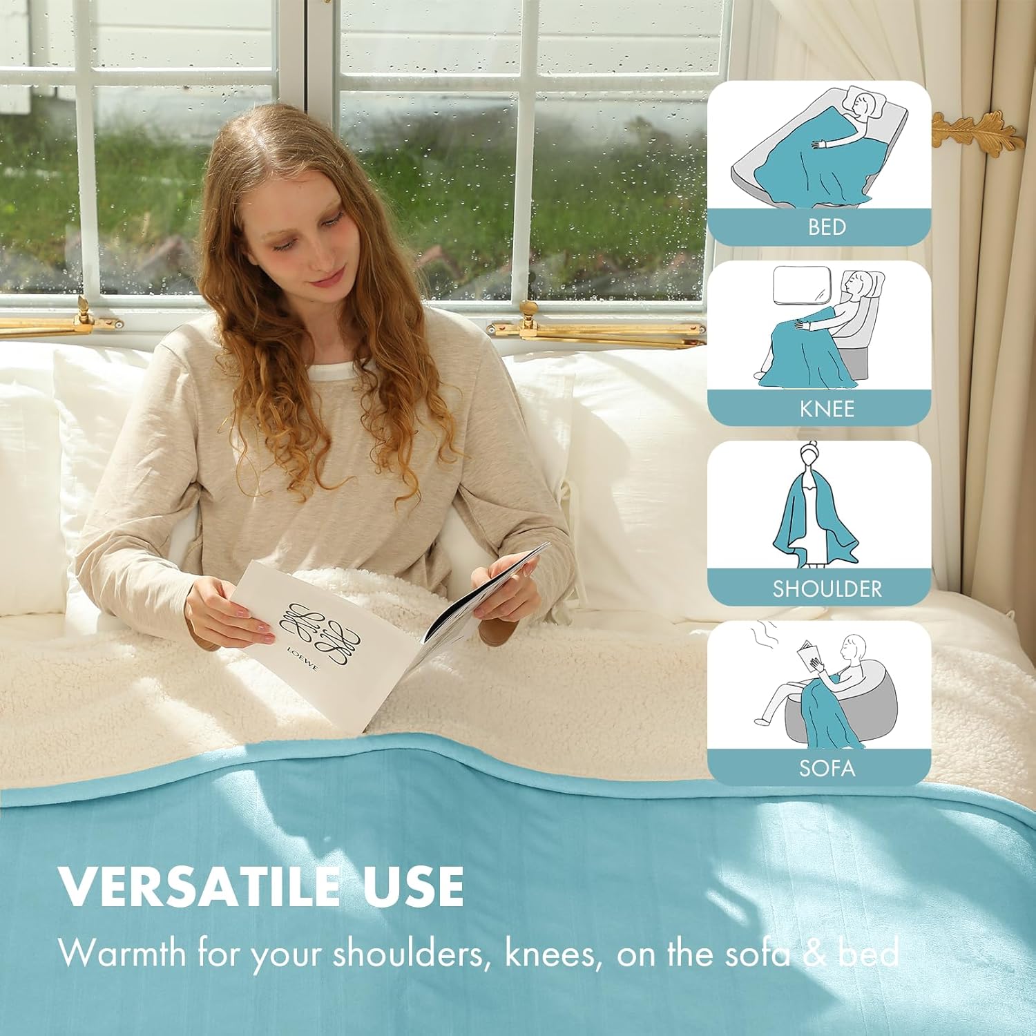 VELLUBAM Electric Blanket Heated Throw 50" x 60" - Soft Flannel Sherpa Heating Blanket with 5 Heating Levels & 4 Hours Auto Off, Heated Lap Blanket as a Gift for Grandma, Machine Washable (Blue)