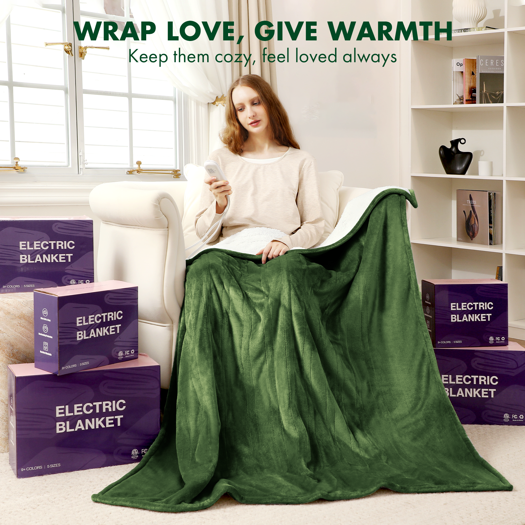 VELLUBAM Electric Heated Blanket Twin 62" x 84" - Soft Flannel Sherpa Electric Blanket with 5 Heating Levels & 10 Hours Auto Off, Heating Blanket Twin as a Gift for Grandma and ETL Certified (Green)